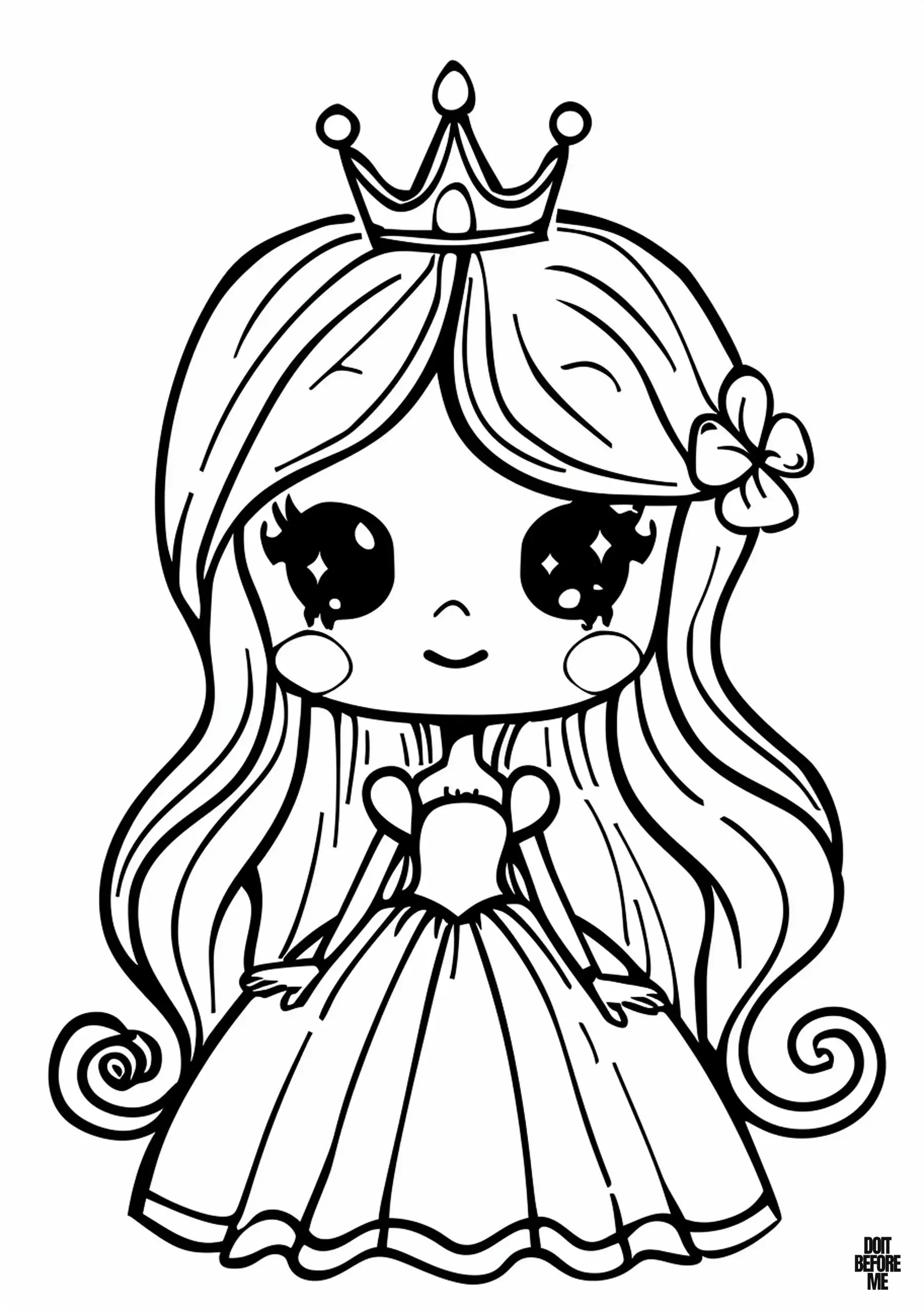 Whimsical princess with large kawaii eyes, wearing a majestic royal gown and flowing locks, on a coloring page for young girls.