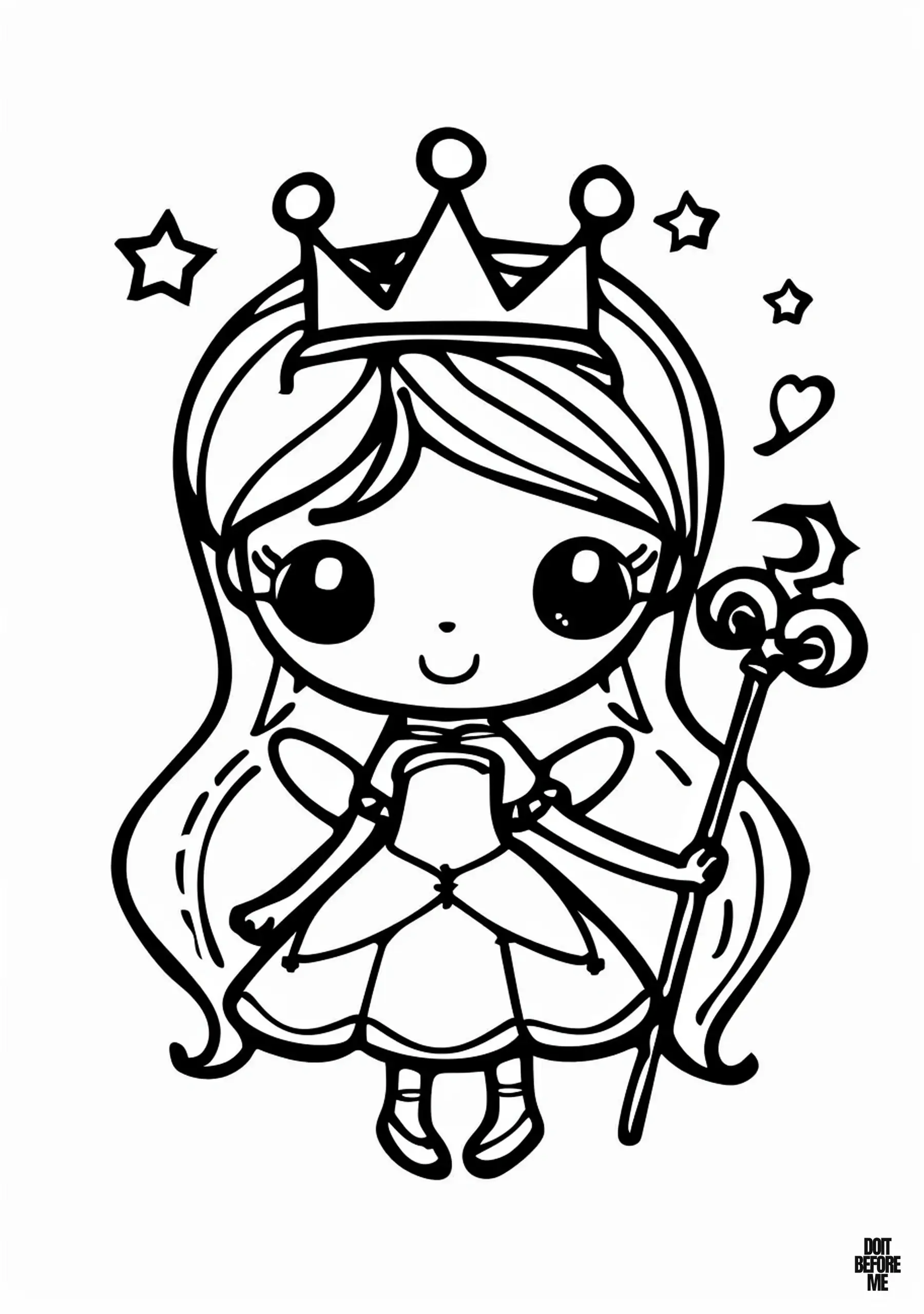 Fairy princess with wings holding a magical wizard's wand and wearing a crown coloring page.