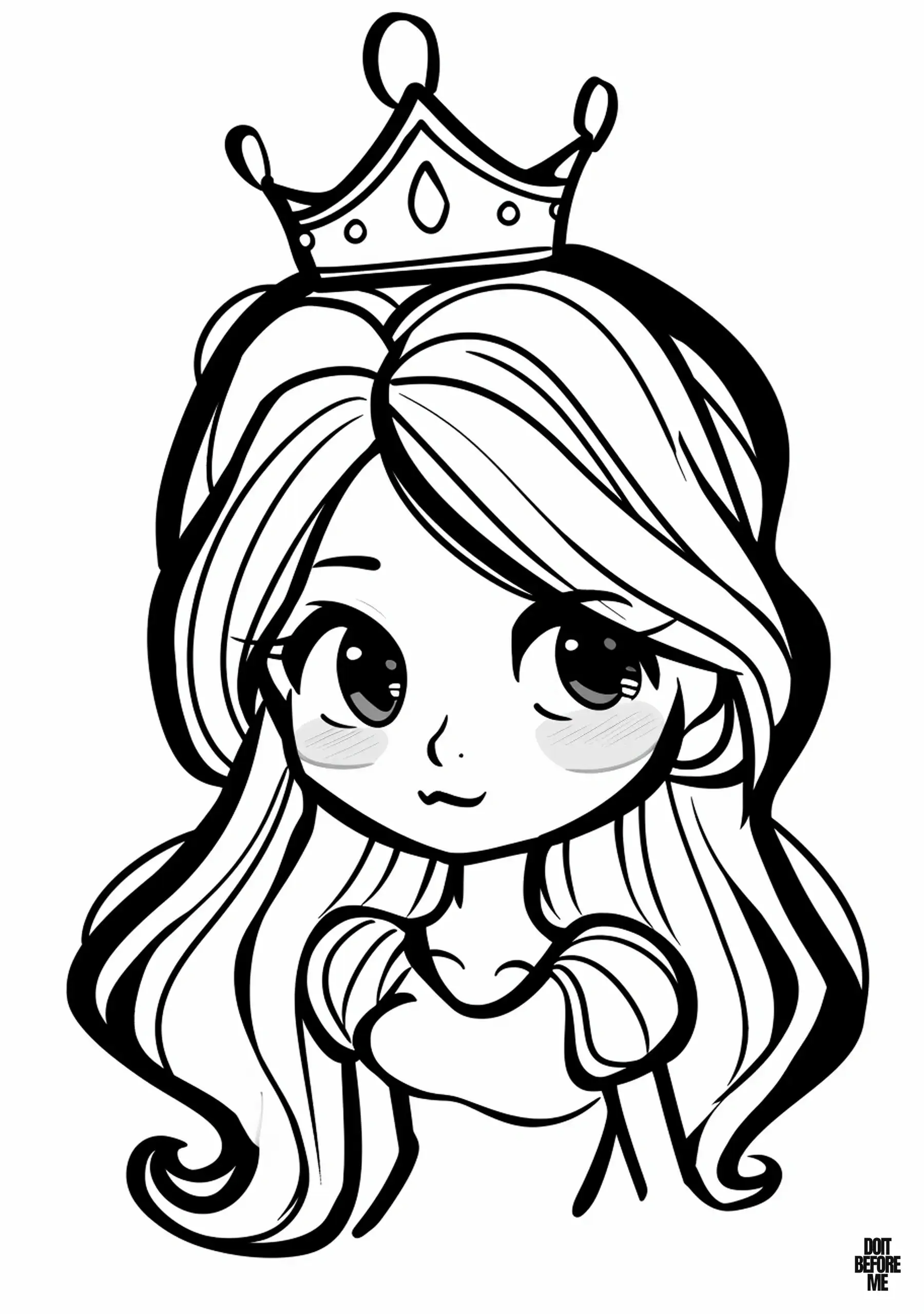 Printable coloring page depicts a kawaii wide-eyed princess appearing embarrassed and coquettish, with flushed cheeks. She wears a royal crown atop her head and a simple dress, with only the upper portion of her body depicted.