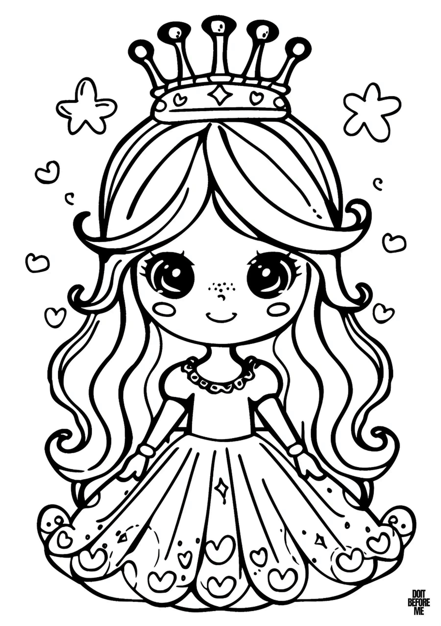 Coloring Page: A Blonde Princess, a Happy Little Girl, Cute with Freckles on Her Nose, Long Hair, Big Eyes, and Hearts on the Hem of Her Skirt.