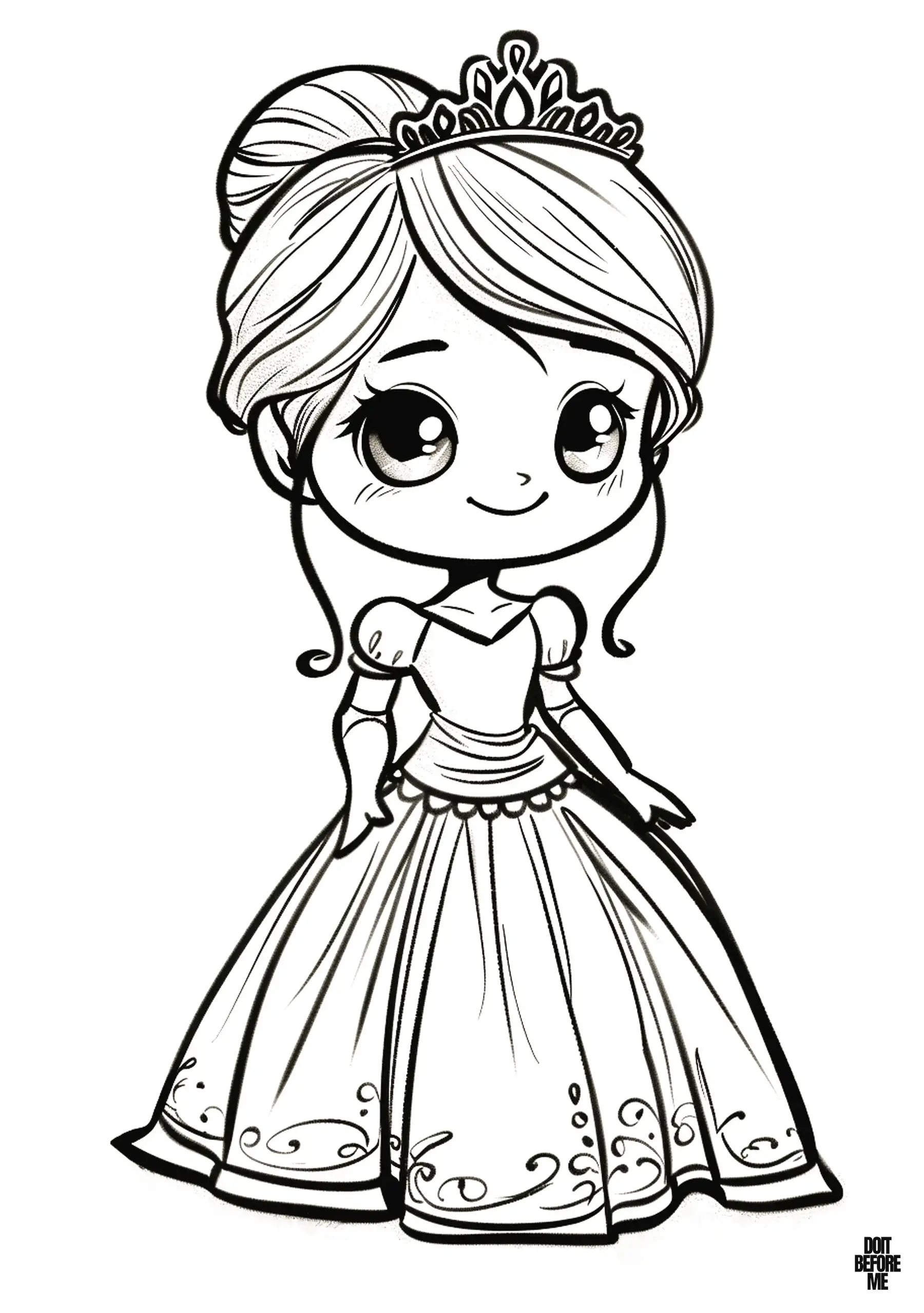 A smiling princess, with wide eyes and her hair elegantly fastened with a crown befitting royalty, designed for children's easy coloring.