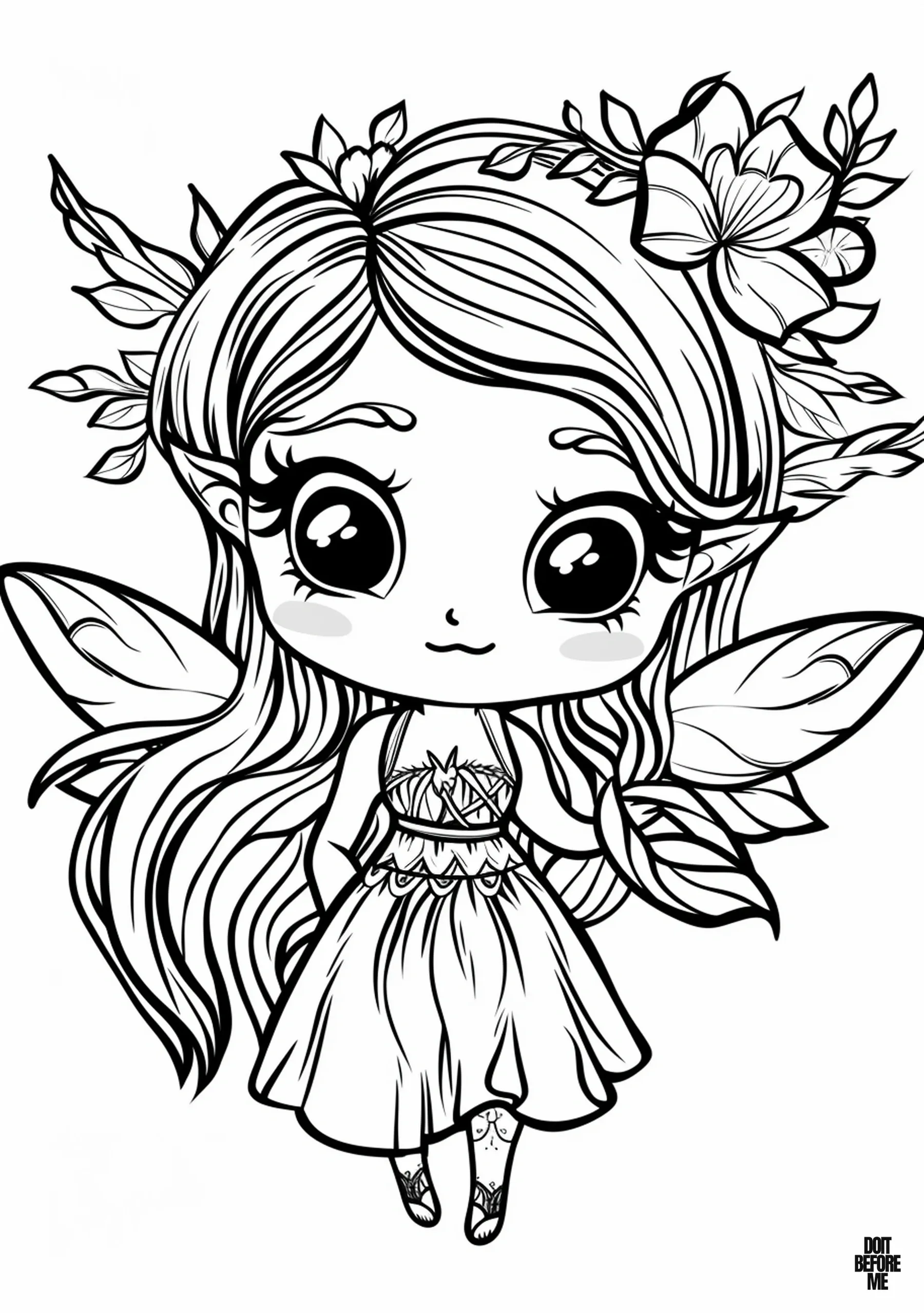 Kawaii princess forest fairy coloring page for girls.