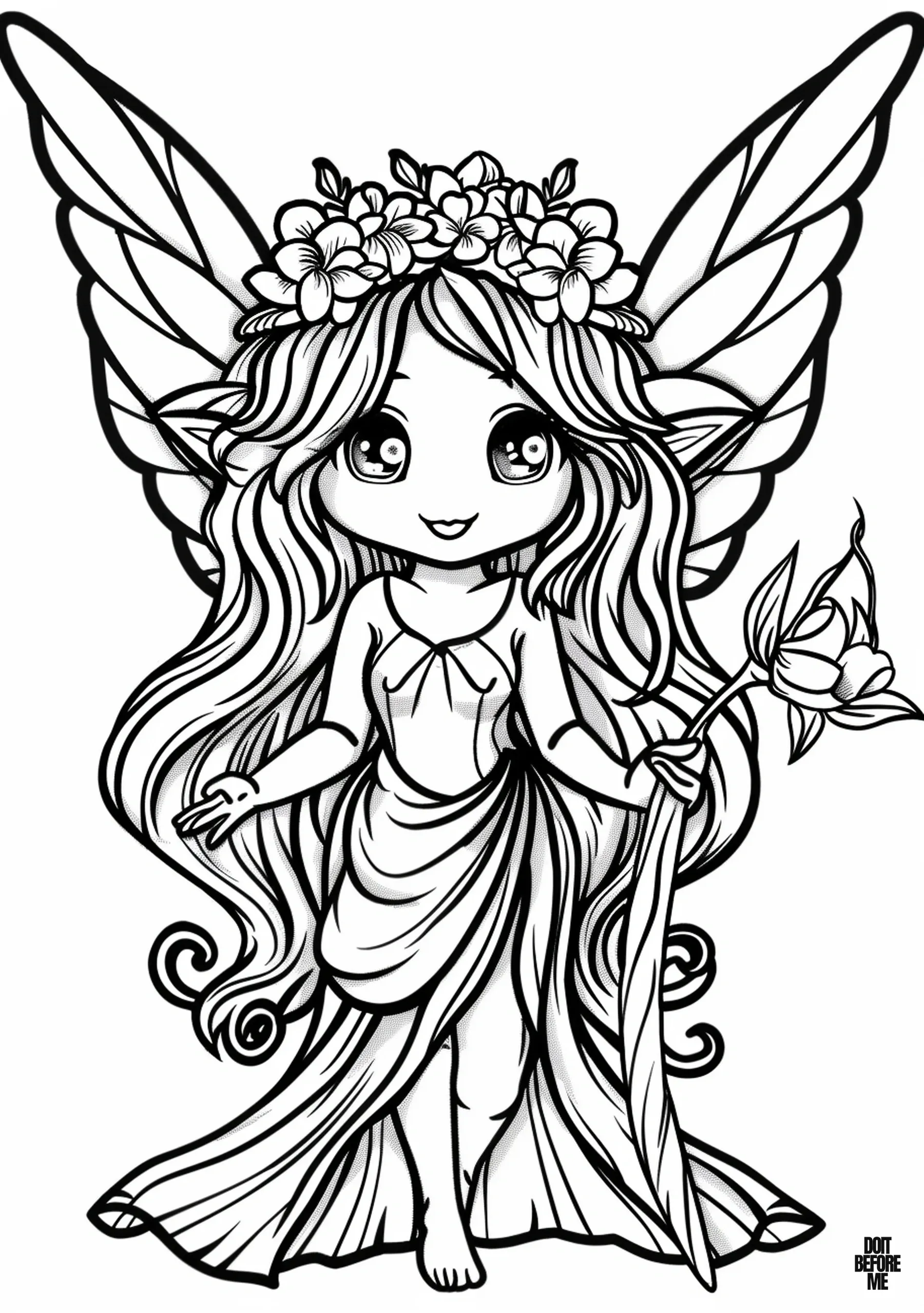 Coloring page for adults featuring a mythical creature: a cute fairy holding a rose in her hand, smiling warmly with her big kawaii eyes, wearing a crown of flowers in her hair, and wrapped in a fabric.