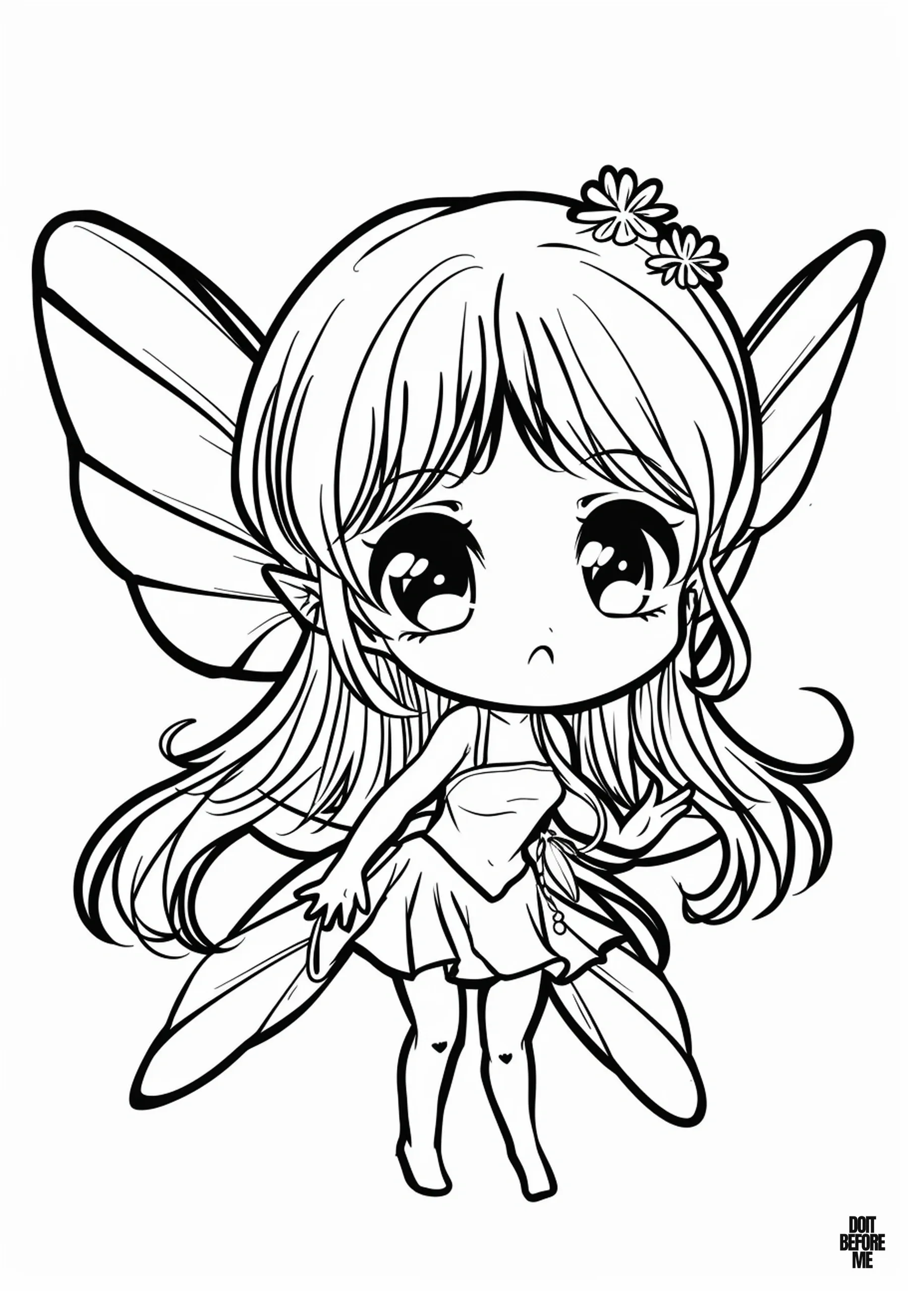 Printable coloring page for kids featuring a cute chibi fairy with a big head, large eyes, a relatively small body, and wings.