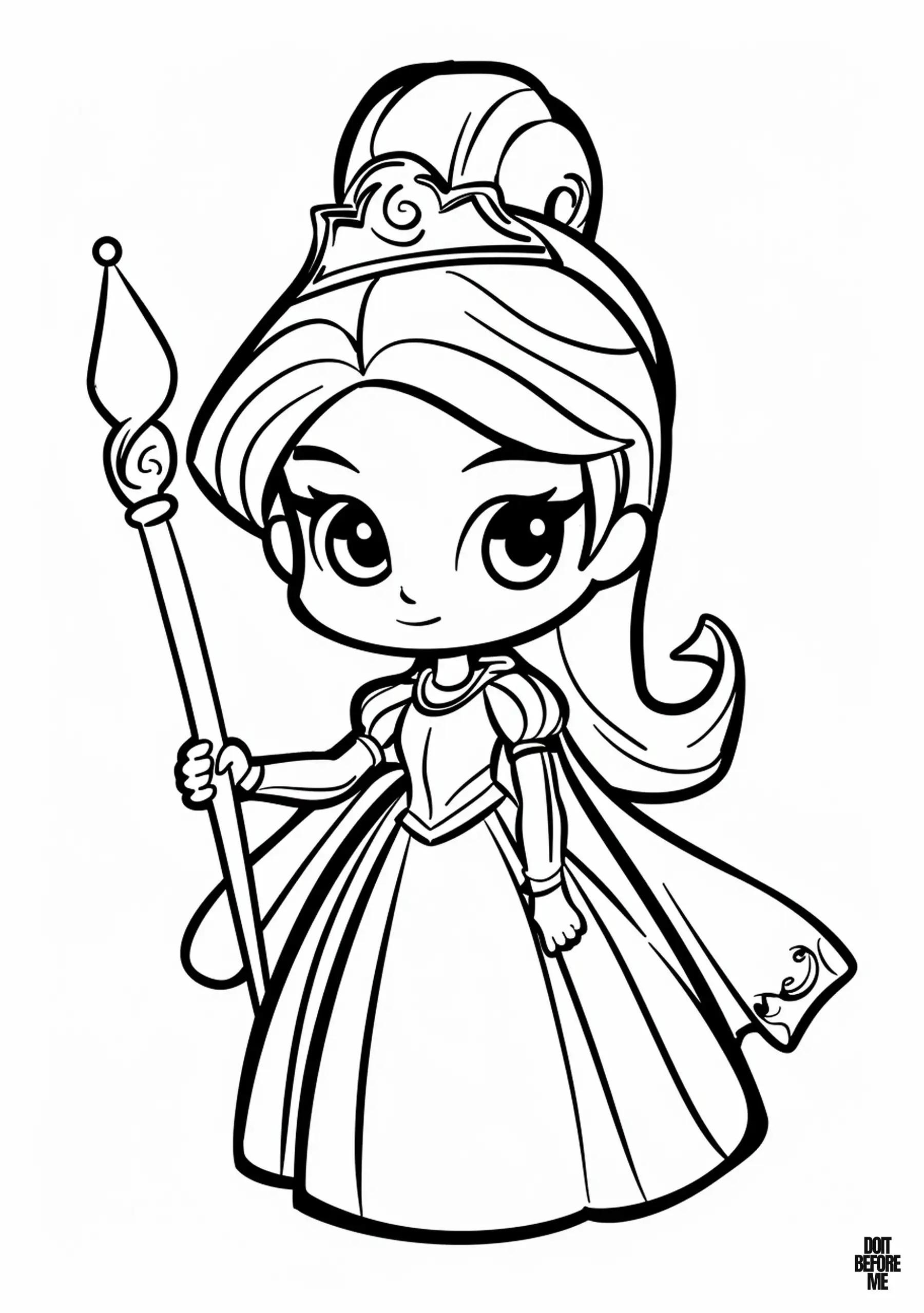 Coloring page depicting a warrior princess wielding a mage staff.