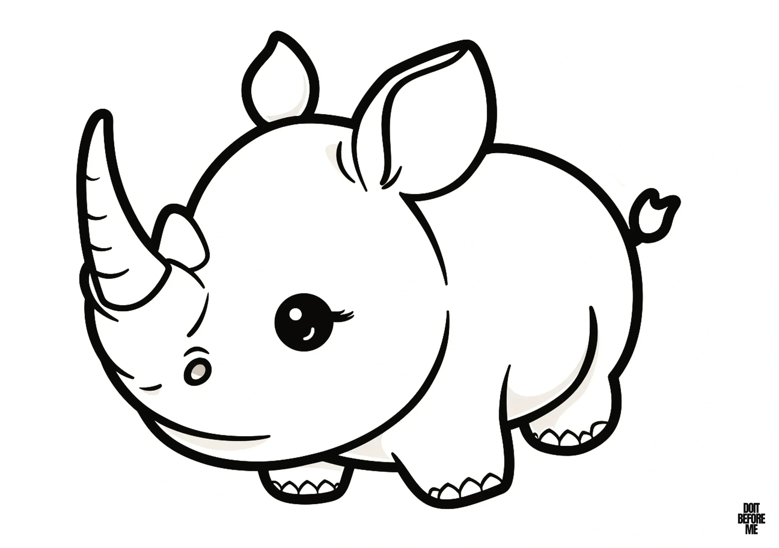 Coloring page depicting a female baby rhino with short legs and a chubby body, designed for toddlers and preschoolers.