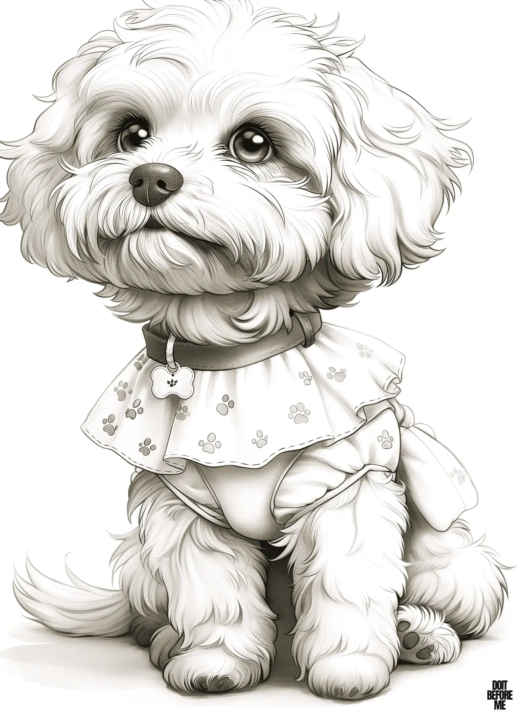 Realistic toy poodle puppy wearing a dress, black and white, a coloring page suitable for kids.