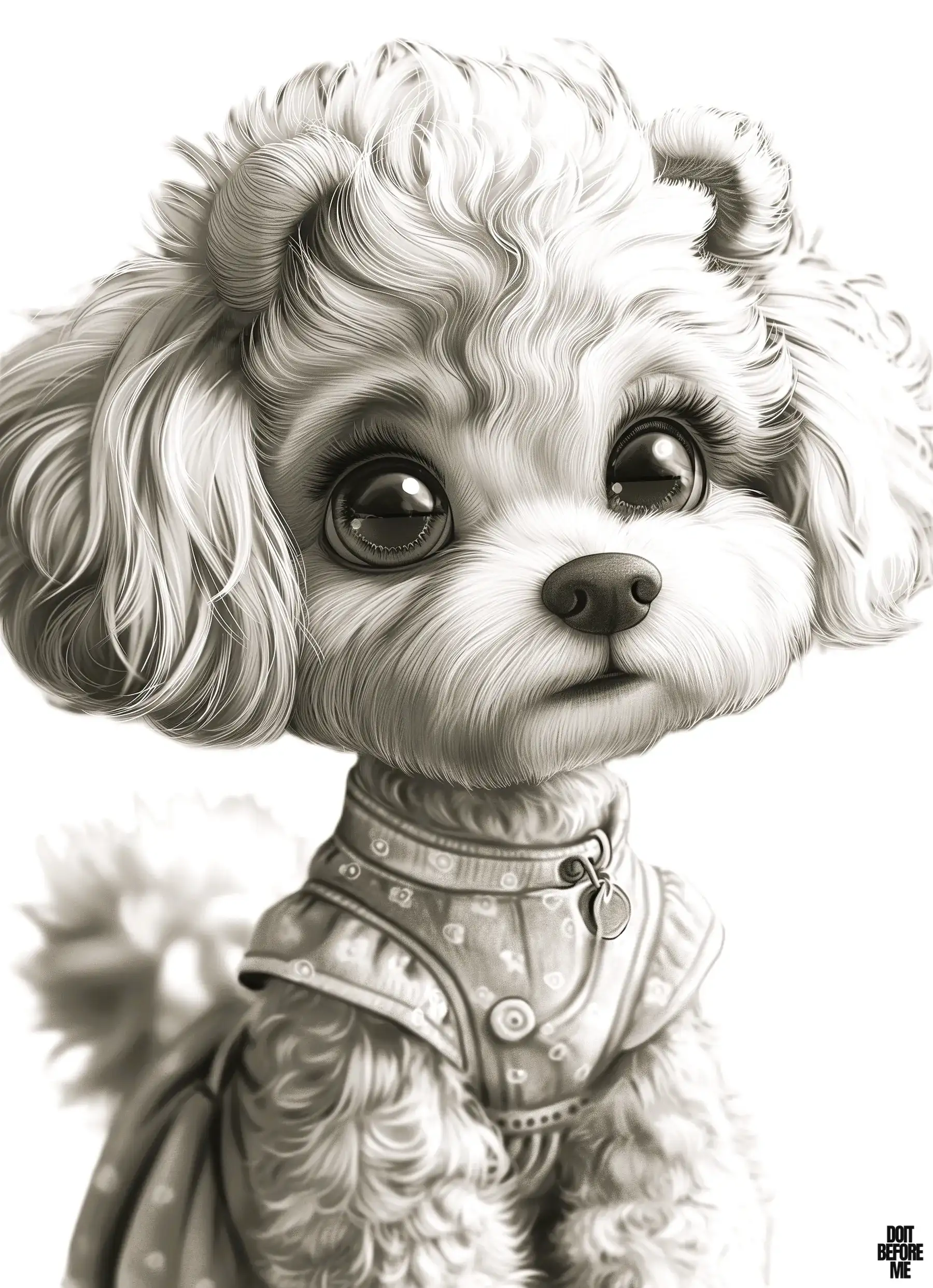 Vibrant coloring page featuring a lifelike, ultra-detailed cute toy poodle puppy, radiating cuteness and realism.