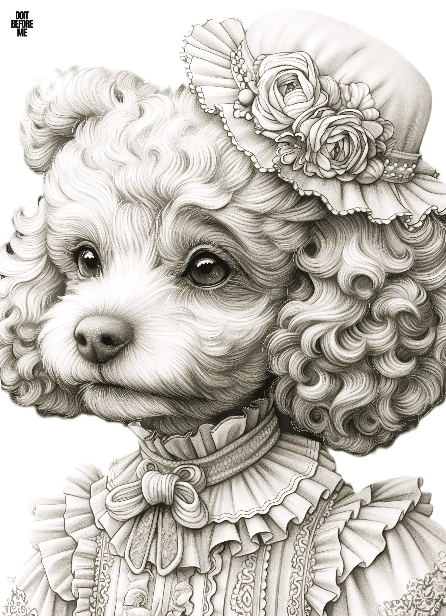 Detailed printable coloring page featuring a realistic poodle dog adorned in a stylish and elegant dress, complemented by a charming flowery hat. Ideal for adults due to its intricate, detailed design.