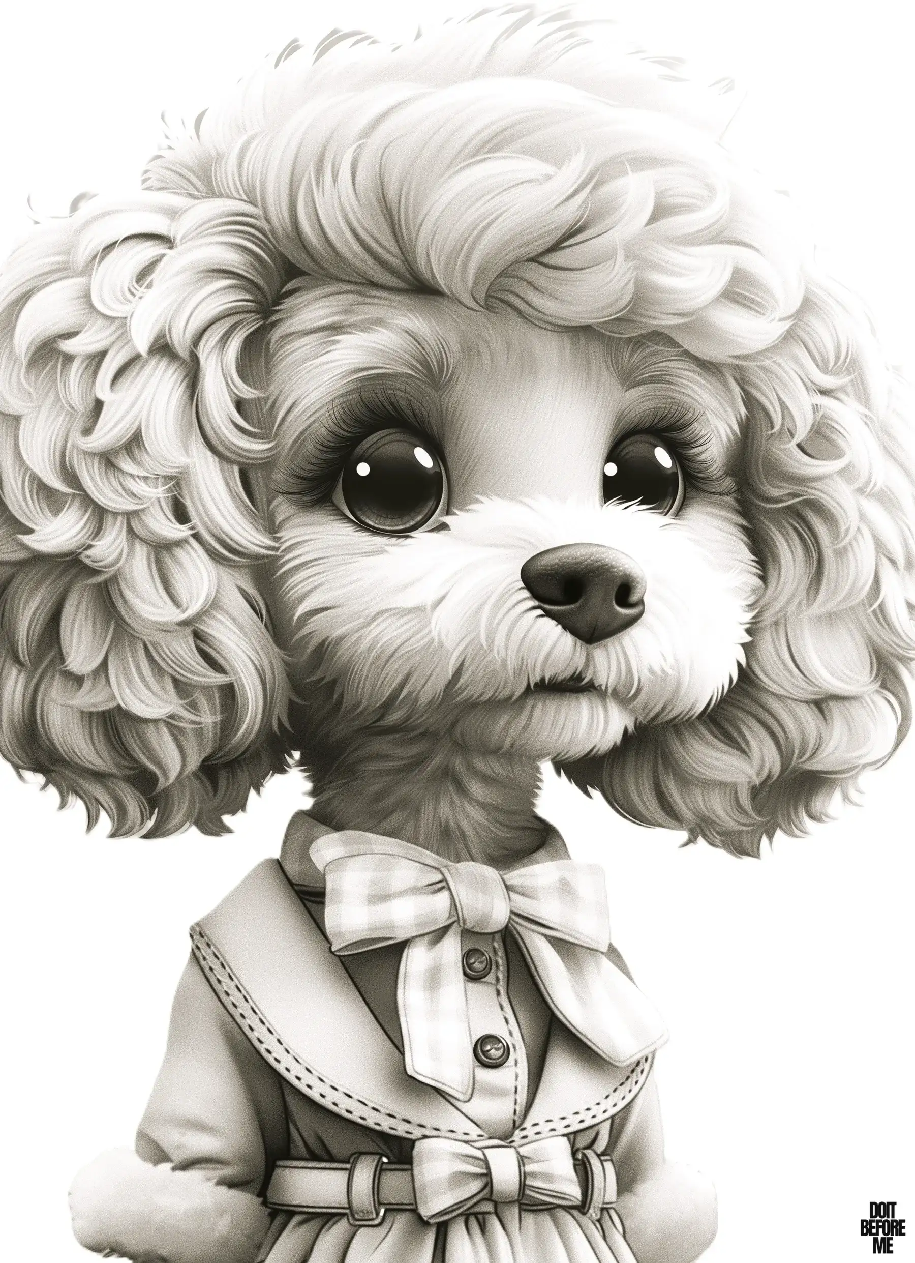 Cute toy poodle puppy wearing a stylish scarf and leather jacket is depicted in a realistic kawaii coloring page with an animal theme.