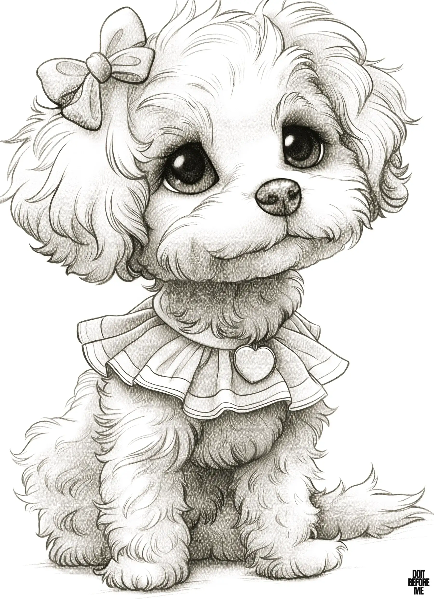 Free printable coloring page featuring a cute female toy poodle puppy adorned with a bow and stylish outfit, designed for girls.