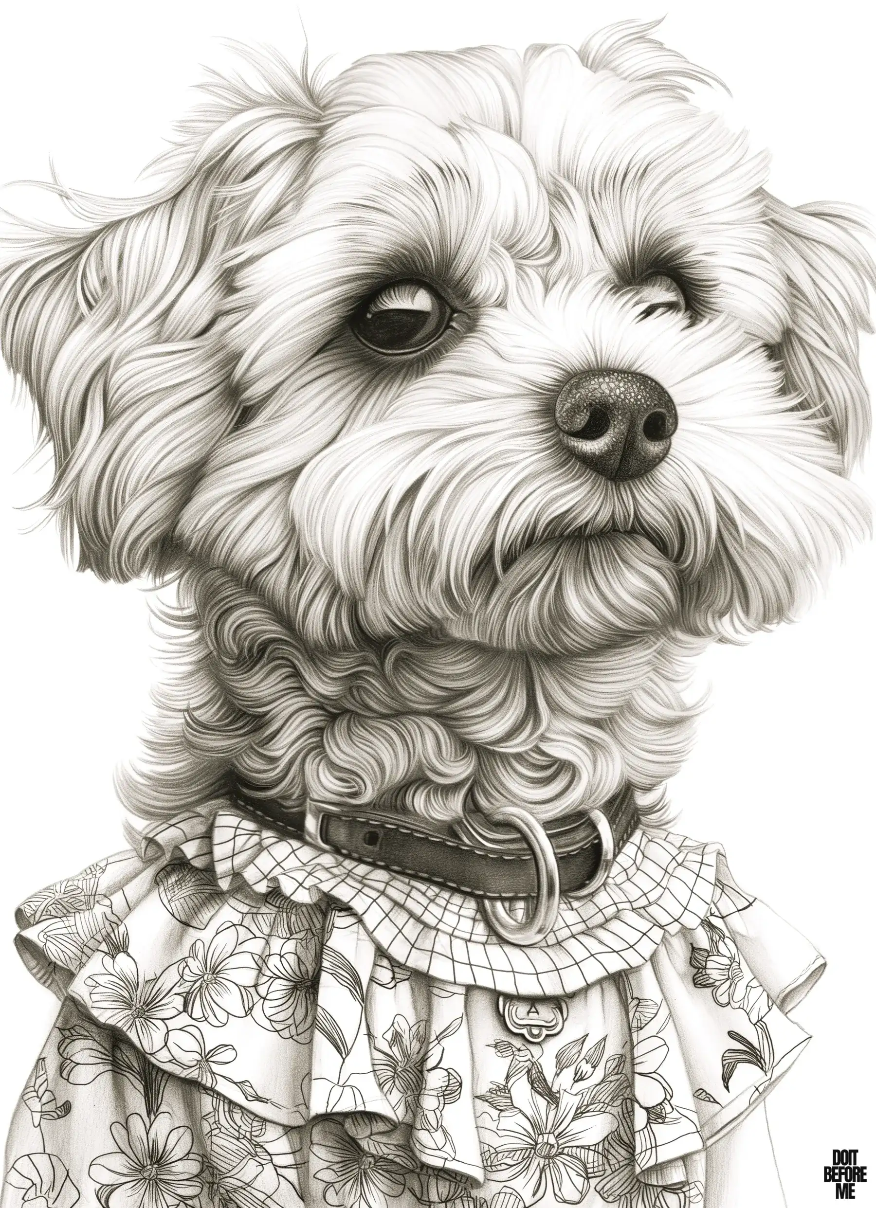 Printable coloring sheet featuring a realistic poodle dog puppy adorned in a dress and leash. Detailed design ideal for adults.