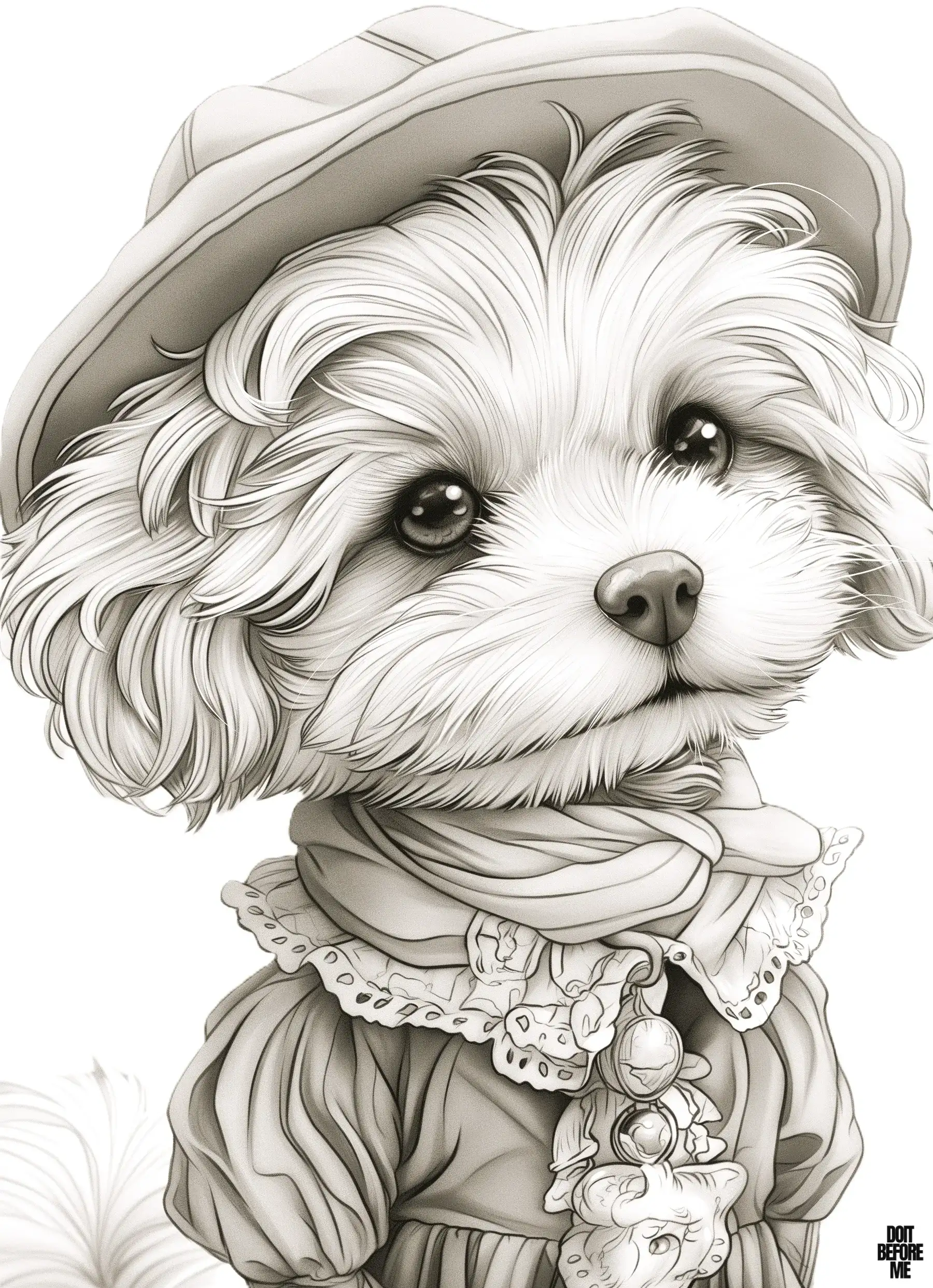 Detailed coloring page featuring a cool teacup toy poodle dog puppy adorned with a hat and scarf, ideal for intricate coloring enthusiasts seeking realistic designs.