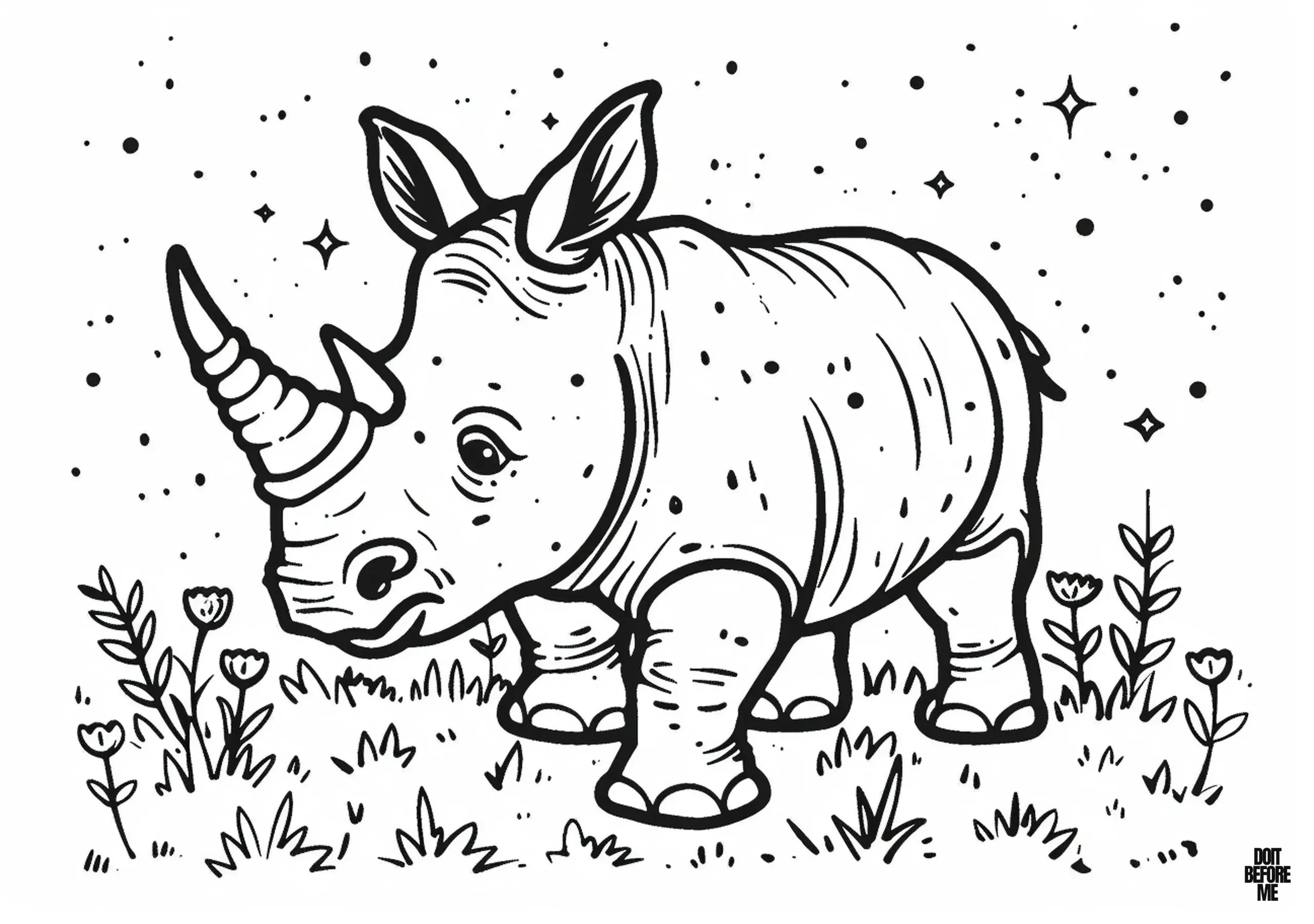 Printable coloring page depicting a realistic rhino grazing amidst a flowery meadow under a starry sky, intended for adults.