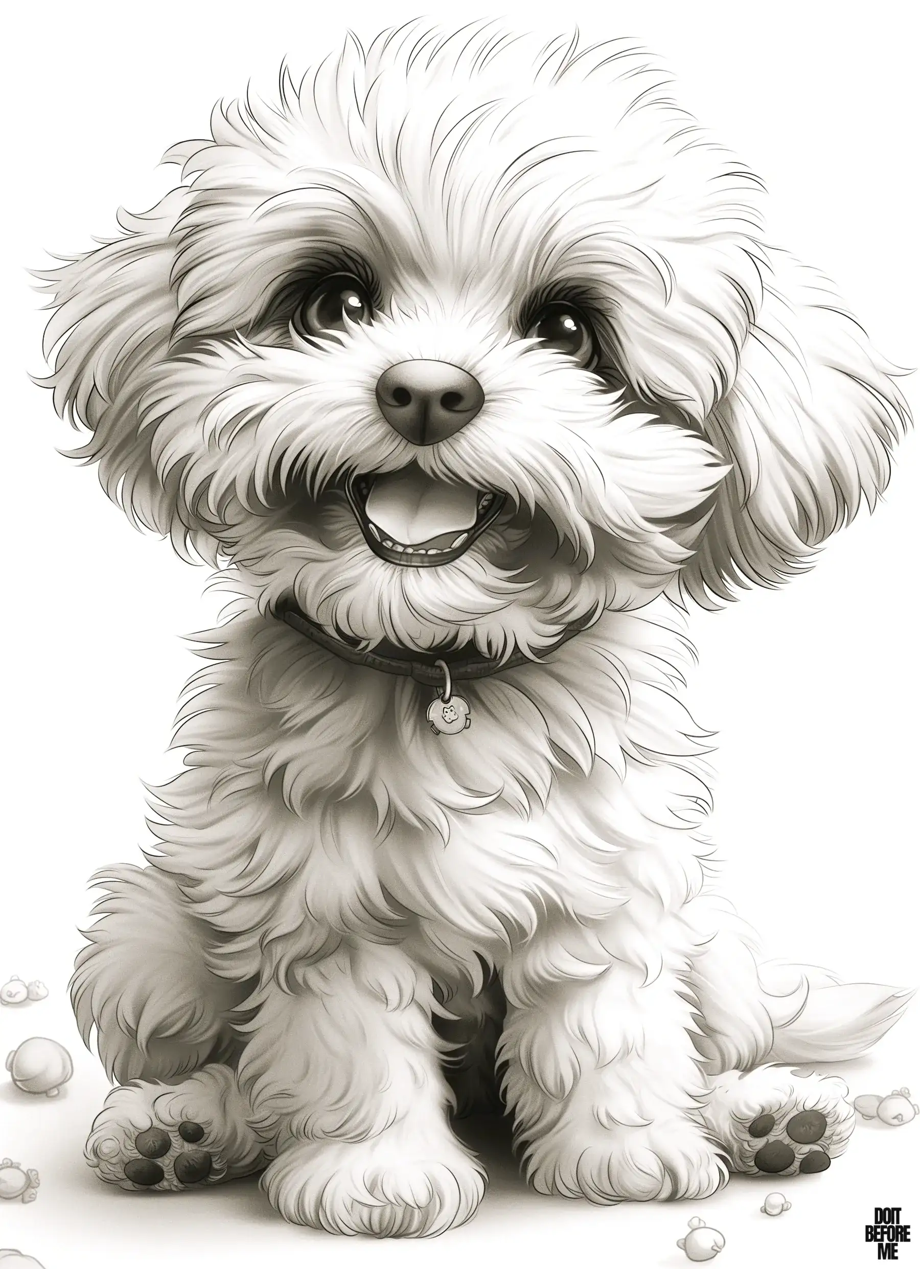 Realistic coloring page of a joyful toy poodle puppy, depicting a lively expression with an open mouth and a tongue playfully sticking out.