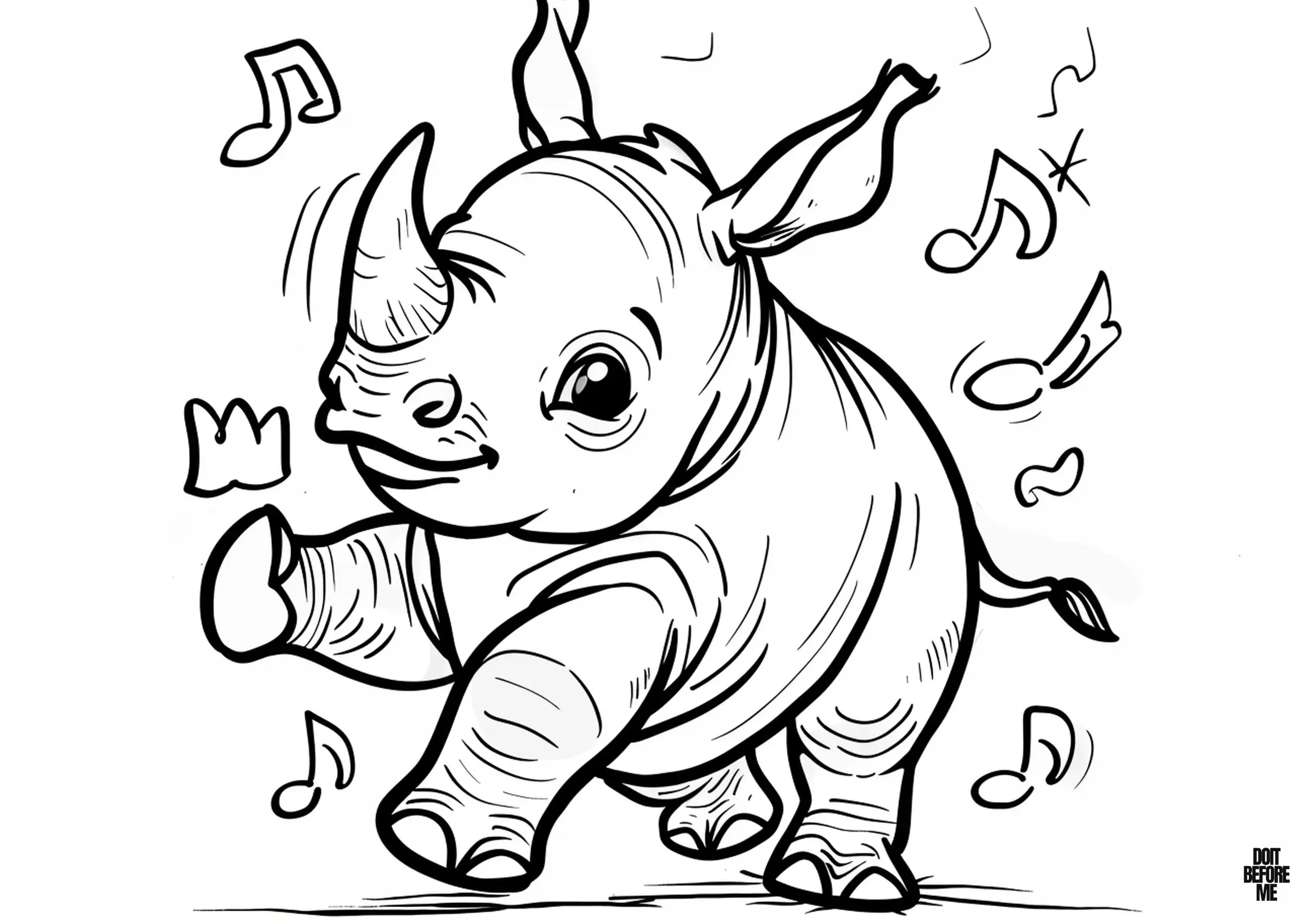 Printable coloring page featuring a dancing cute baby rhino from coloring book images, designed for kids and adults. Musical notes gracefully float in the air surrounding the rhino as it dances.