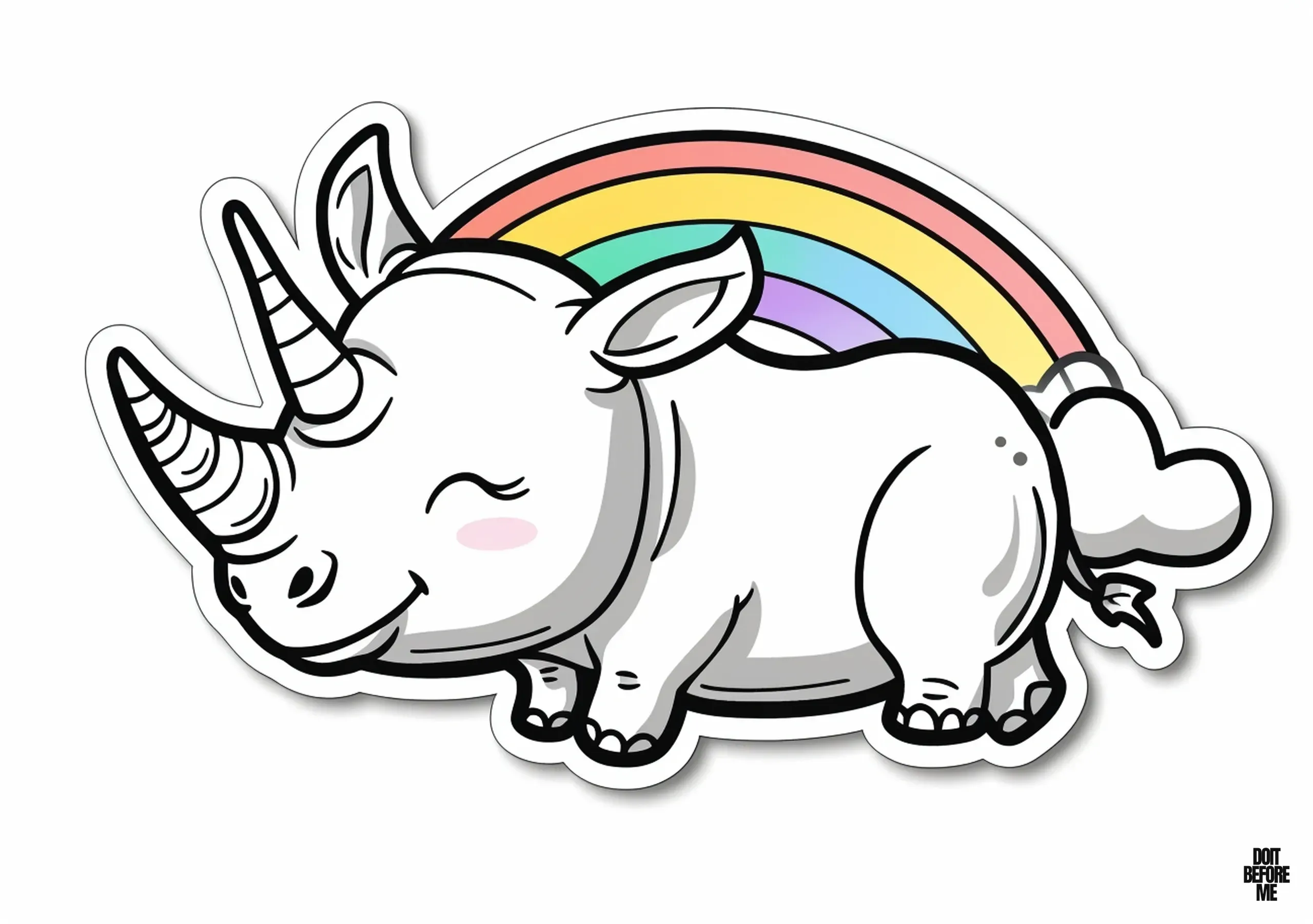 Printable coloring page featuring a cute baby rhino standing happily with its eyes closed in front of a colorful rainbow, sourced from a coloring book, suitable for both children and adults.