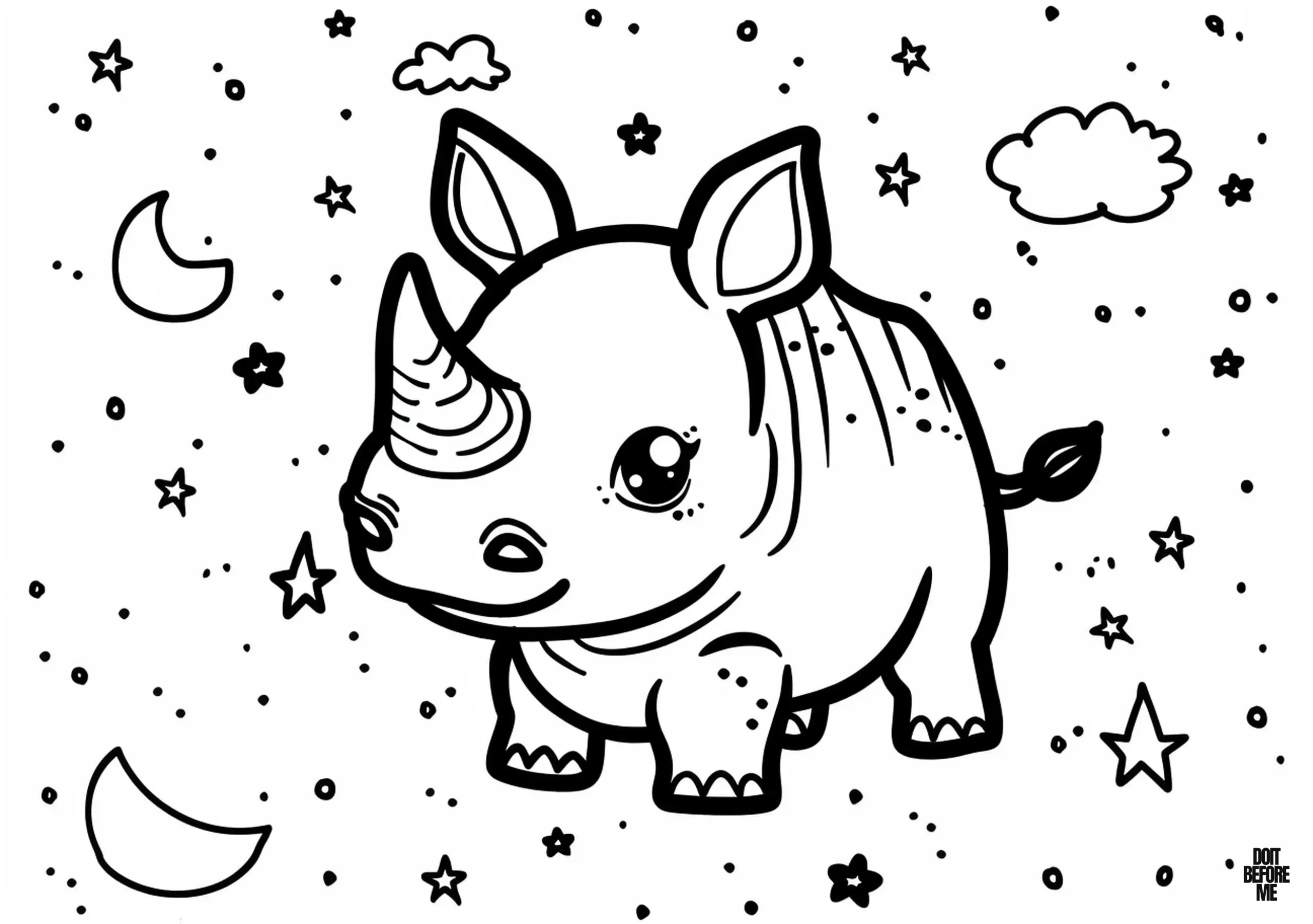 Free coloring page featuring an cute baby rhino set against a sky adorned with clouds and stars, designed for easy coloring by kids.