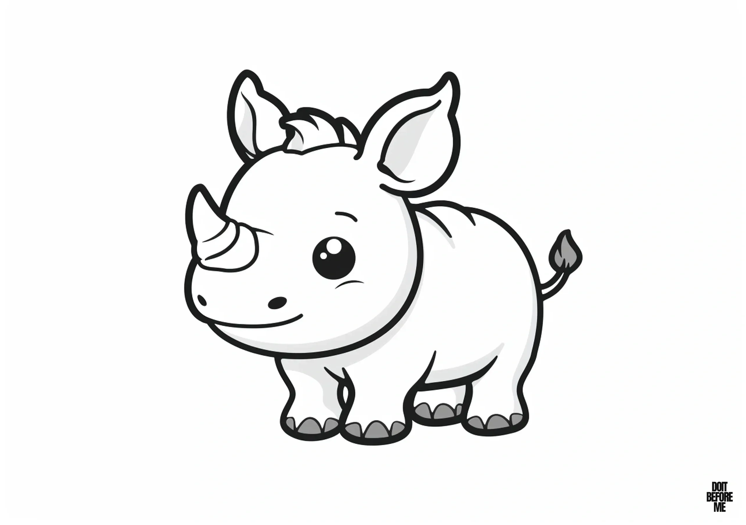 Cute tiny baby rhino coloring sheet featuring clear outlines against a white background, facilitating easy coloring. This design is plain and simple, suitable for children.