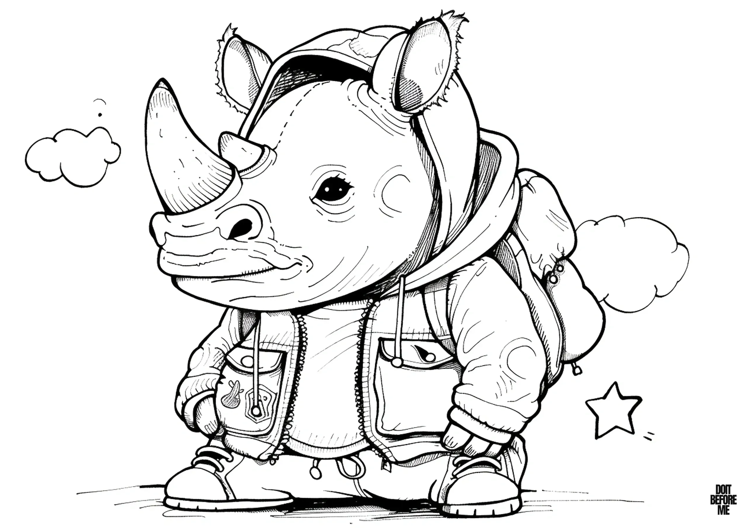 Detailed coloring page featuring a stylishly dressed rhino, designed for adult coloring enthusiasts.