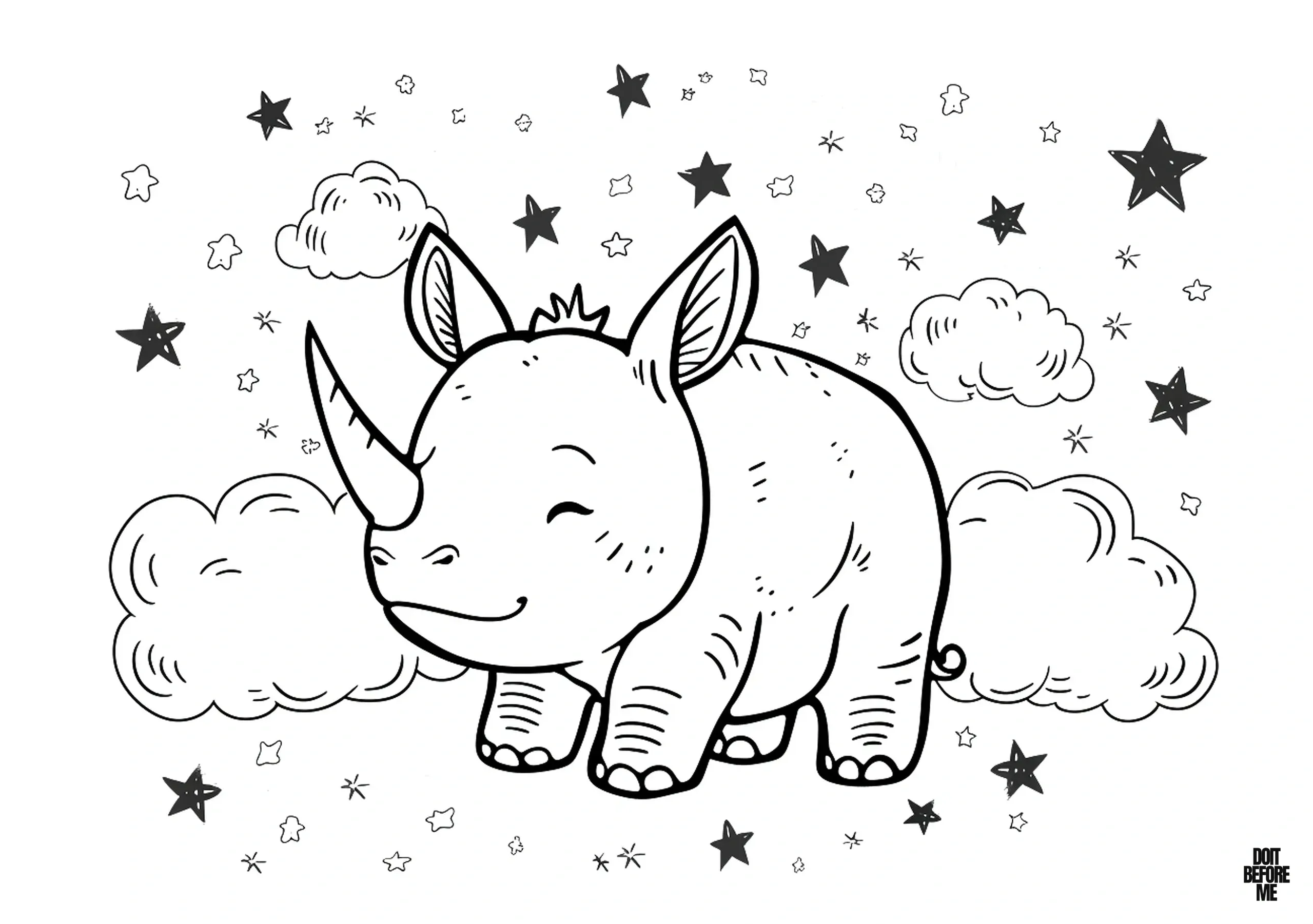 Coloring page for kids showcasing a joyful baby rhino peacefully resting against a backdrop adorned with stars and clouds.