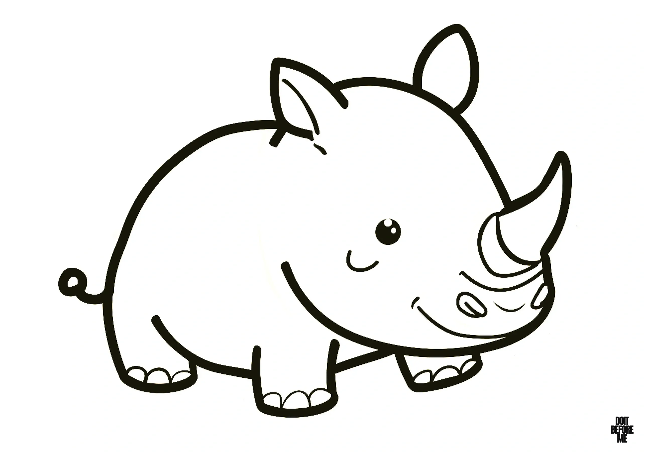 Rhino coloring picture, characterized by a simple design with sharp and clear outlines, deemed suitable for children, toddlers, and preschoolers.