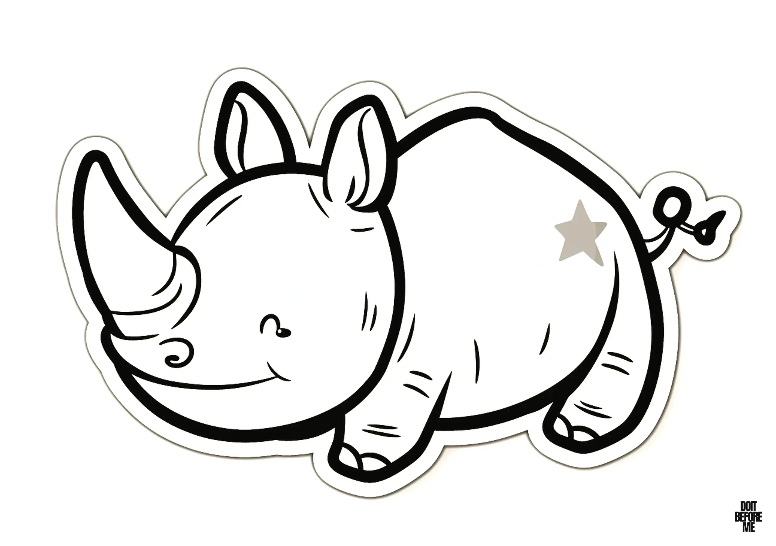 Printable coloring sheet for children: A cheerful kawaii rhino with a star tattoo.