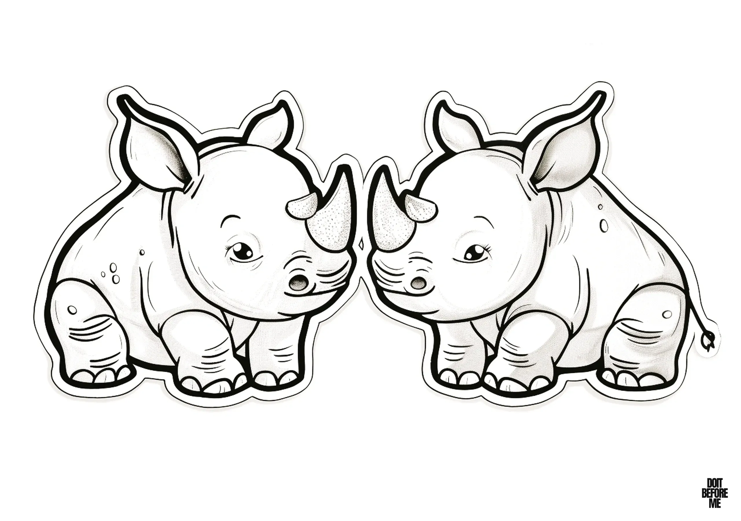 Cute and easy coloring sheet featuring two kawaii baby rhinos, suitable for kids.