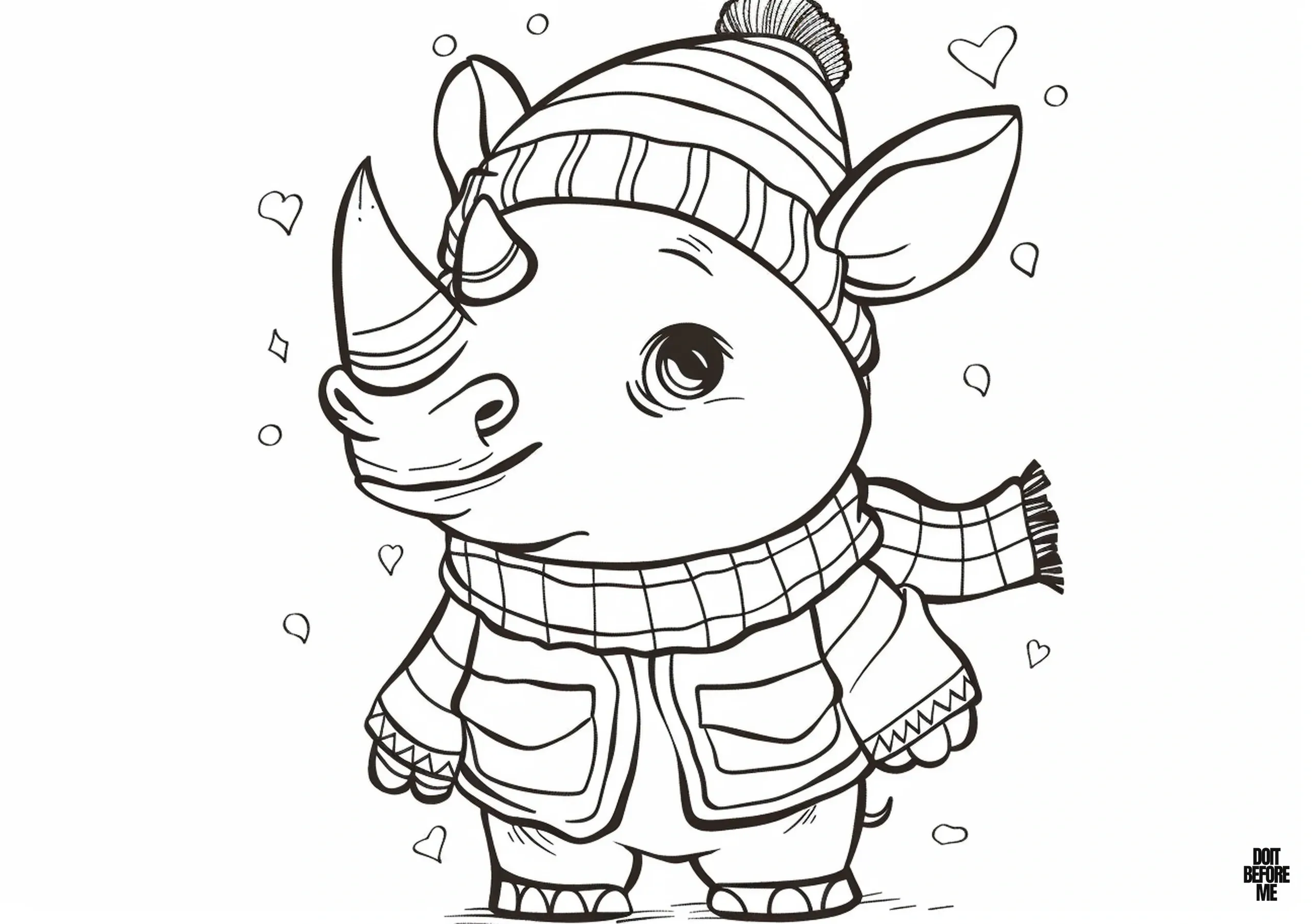 Detailed coloring page showcasing a cartoon rhino adorned with a scarf, beret, and jacket, designed to captivate both adults and children who delight in coloring intricate patterns.