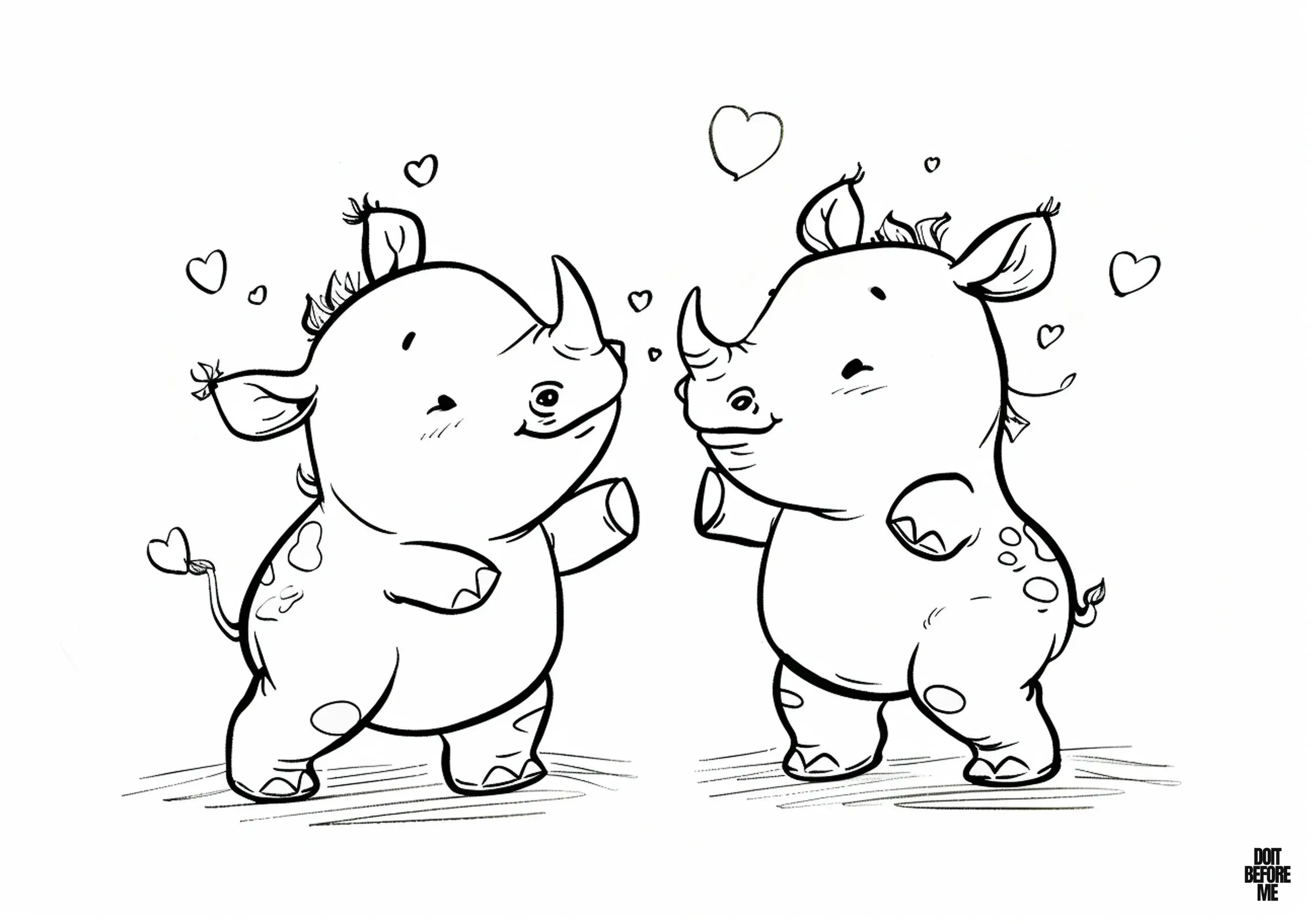 Easy printable colouring page featuring two cute baby rhinos dancing on two legs, suitable for kids. There are little hearts around them.