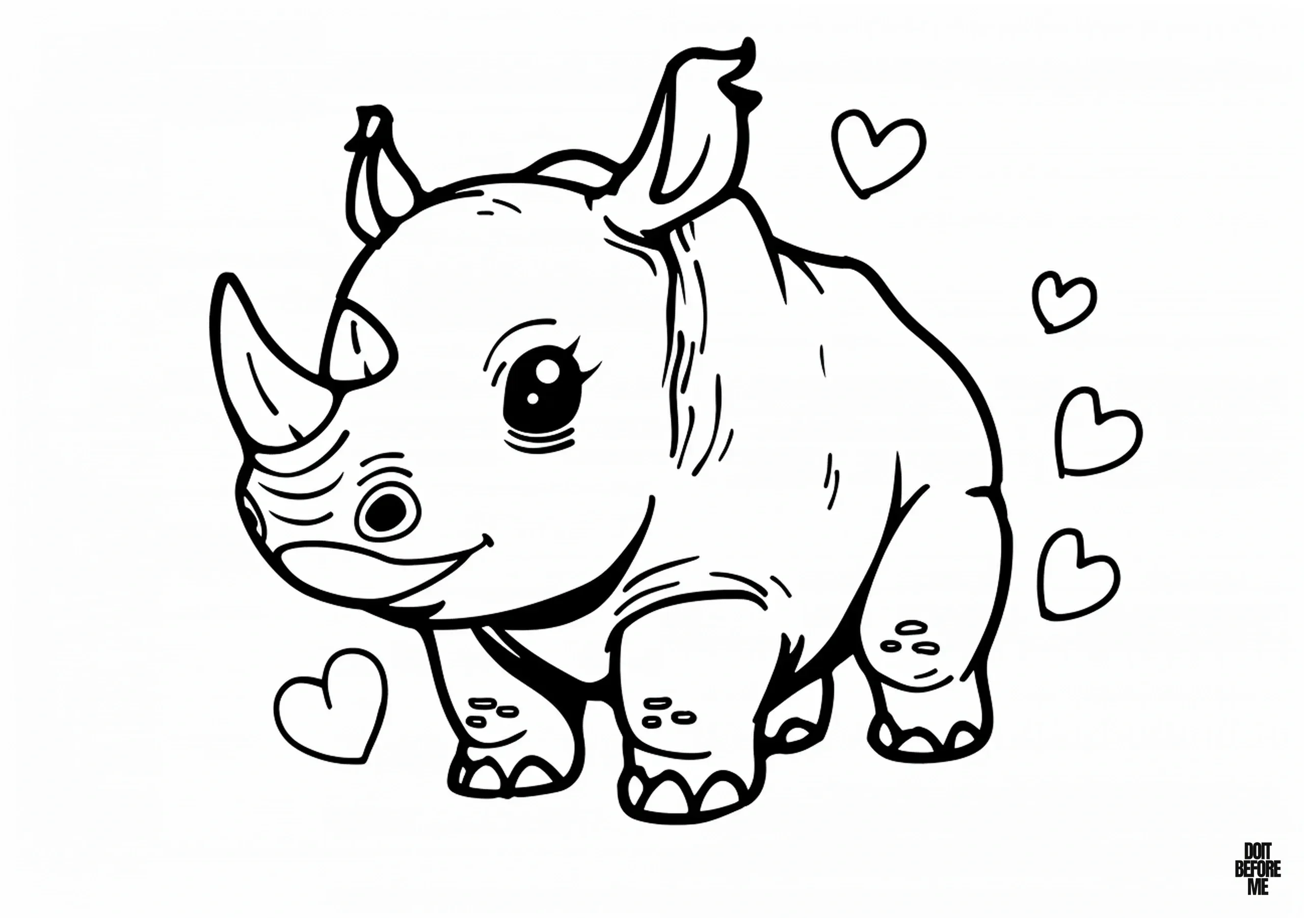 Printable coloring page featuring a cute baby rhinoceros, designed for kids to easily color. There are small colorable hearts around the rhinoceros in the background.