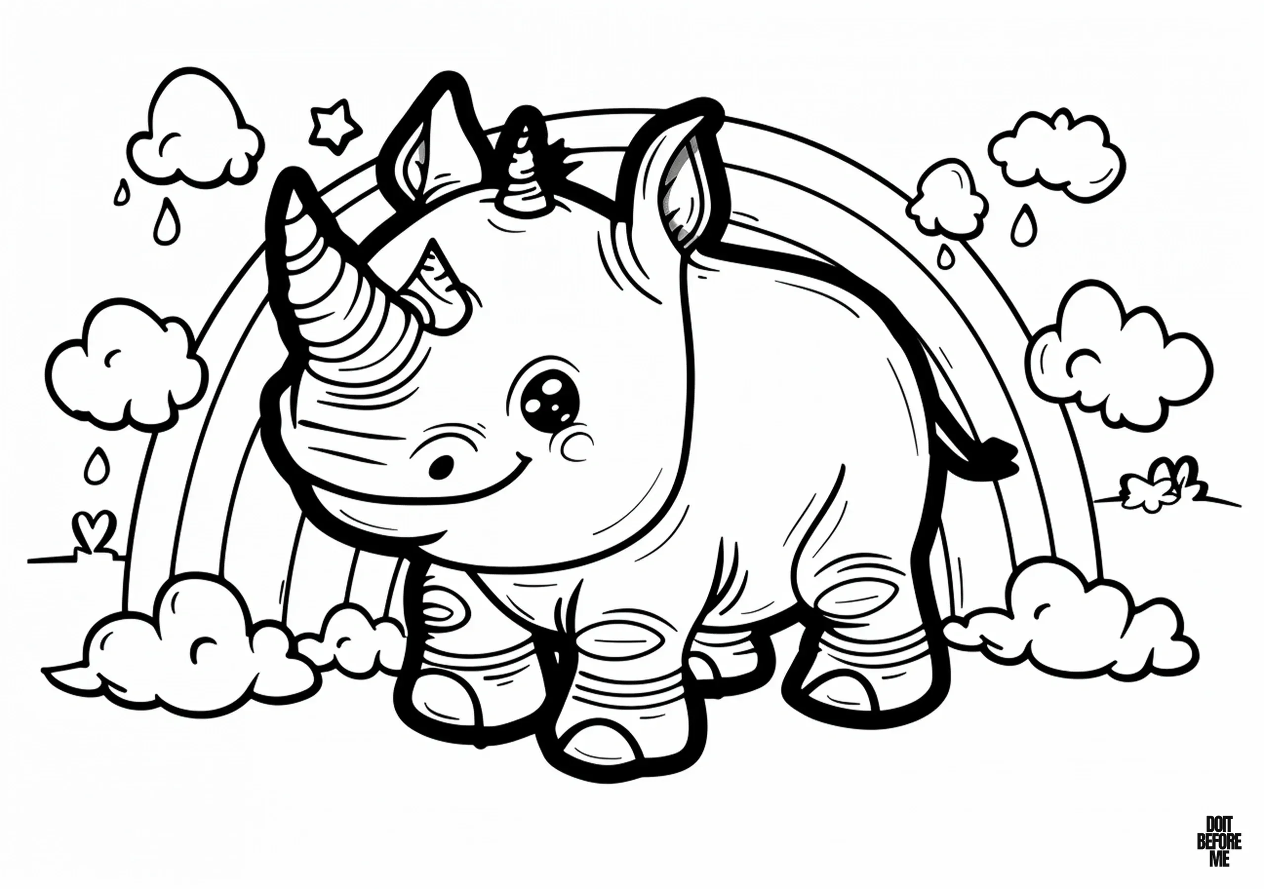 Free coloring page featuring a cheerful baby rhinoceros against a backdrop of fluffy clouds and a vibrant rainbow, designed for children.