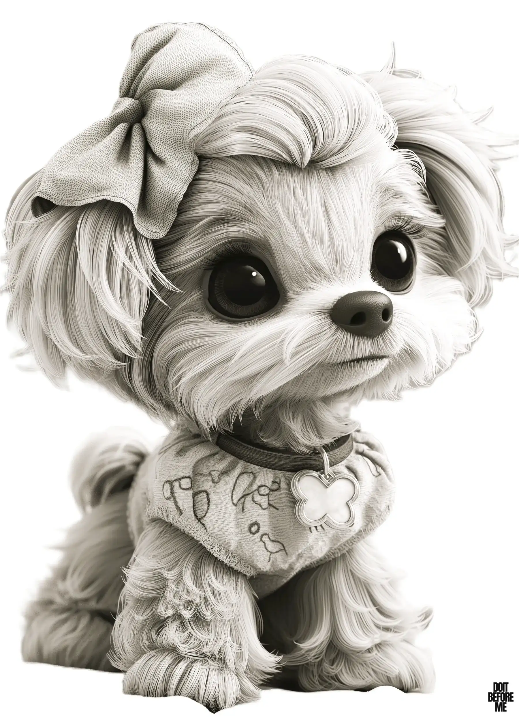 Teacup toy poodle dog puppy coloring page featuring a curious and playful baby poodle with endearing kawaii eyes, adorned with a charming barrette in its hair, wearing a food apron, and a sweet collar.