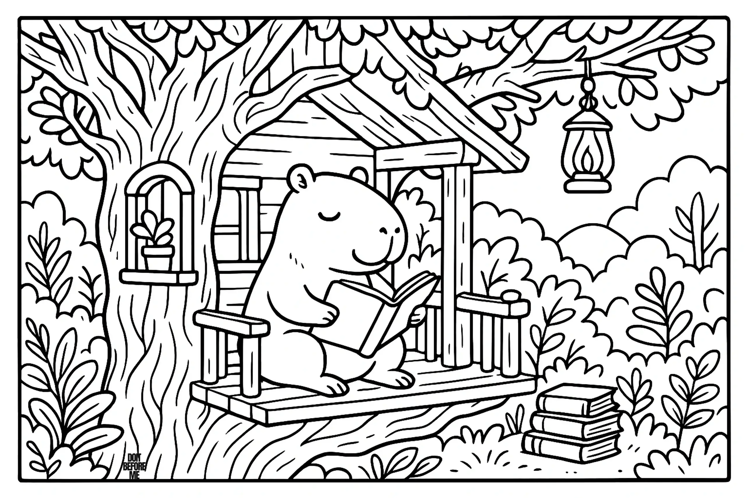 Capybara sitting on the porch of a wooden treehouse surrounded by leafy branches, reading a book with a small stack of books nearby and a hanging lantern above.