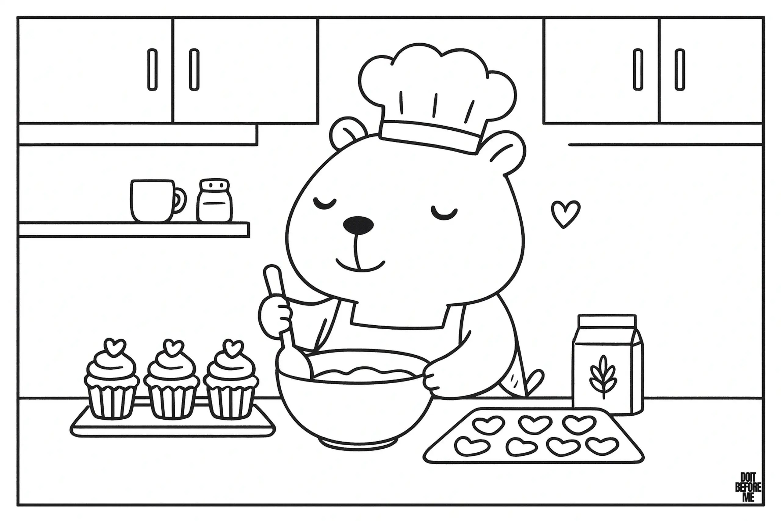 Capybara chef wearing a tall hat and apron happily mixing batter in a bowl while cupcakes cool on the counter nearby.