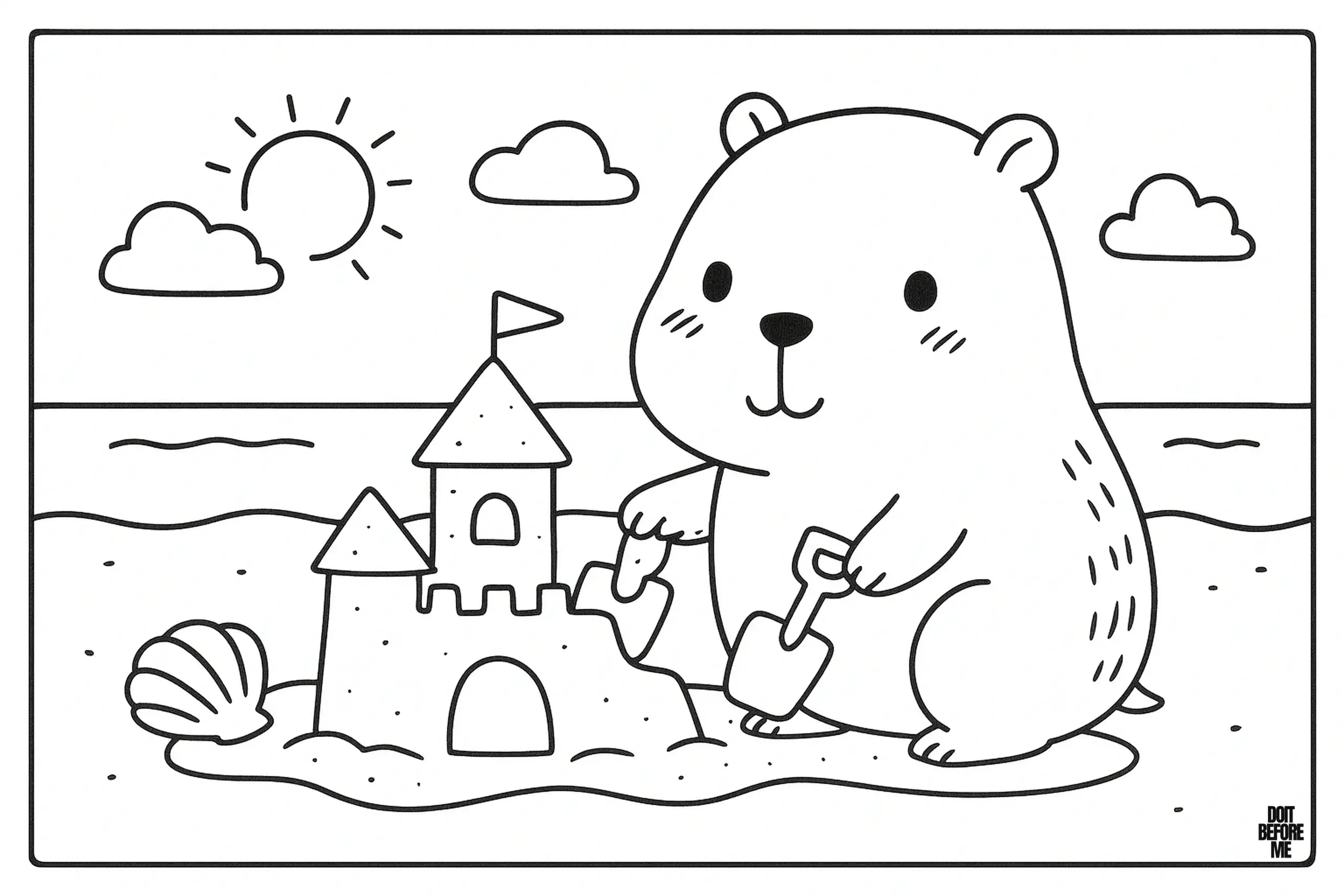Capybara sitting on the sand by the ocean building a tall sandcastle with shovels, seashells, and the sun shining overhead.