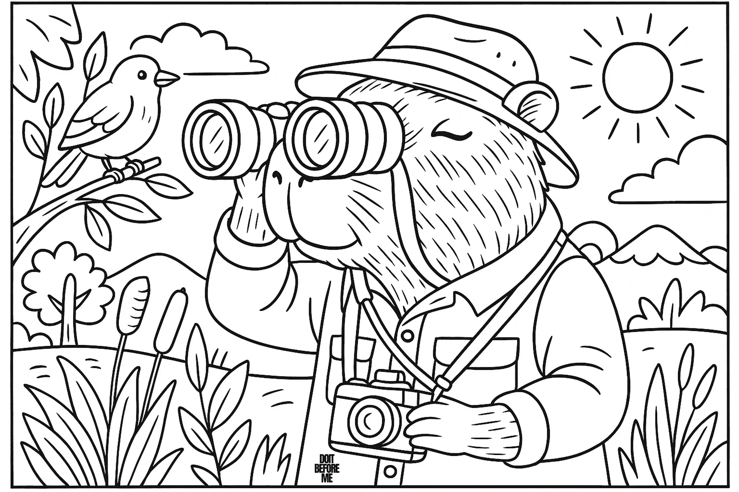 Capybara explorer wearing a hat and binoculars while observing a bird perched on a tree branch, with mountains and grass in the background.