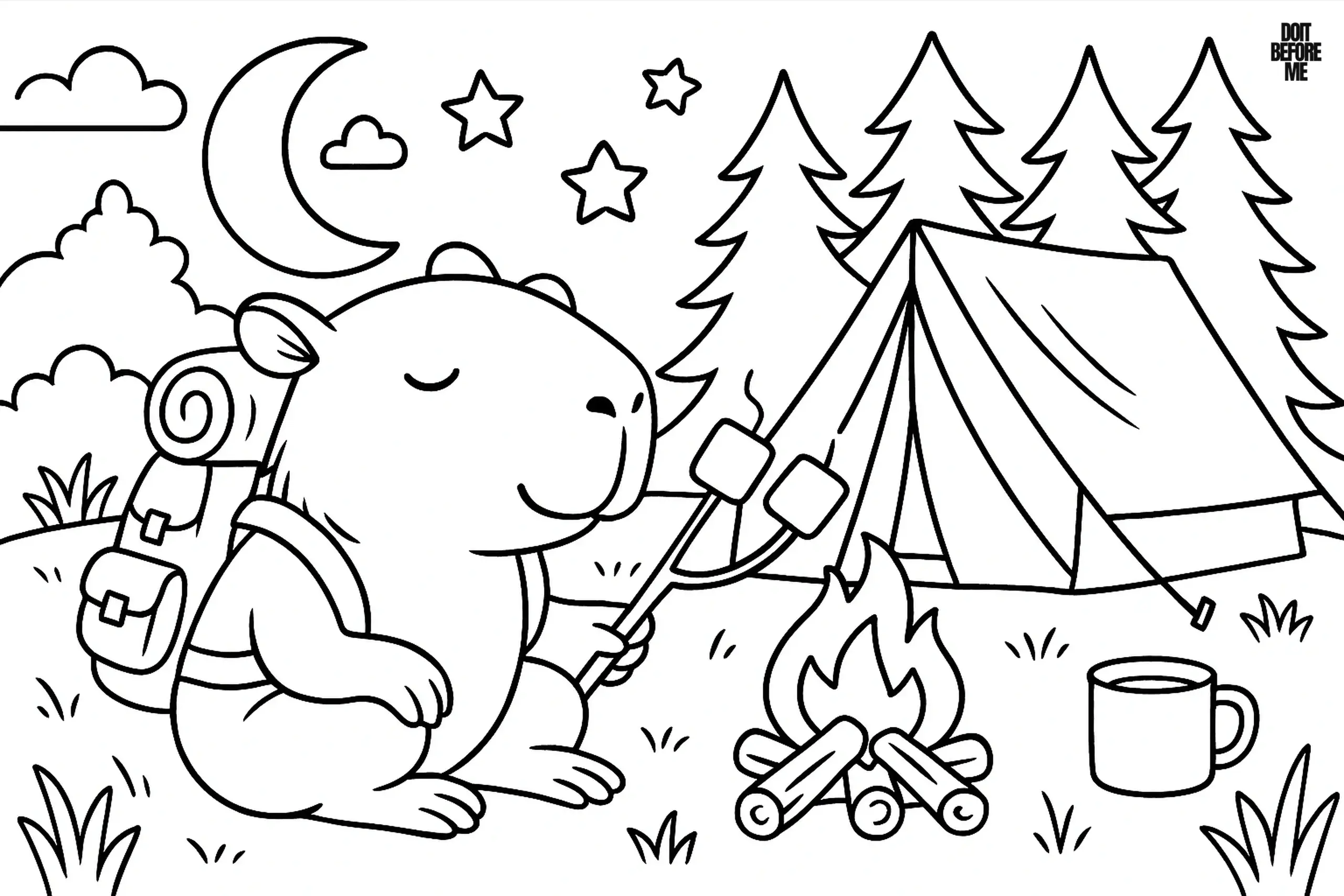 Capybara camper wearing a backpack, roasting marshmallows over a campfire beside a tent under the moon and stars.