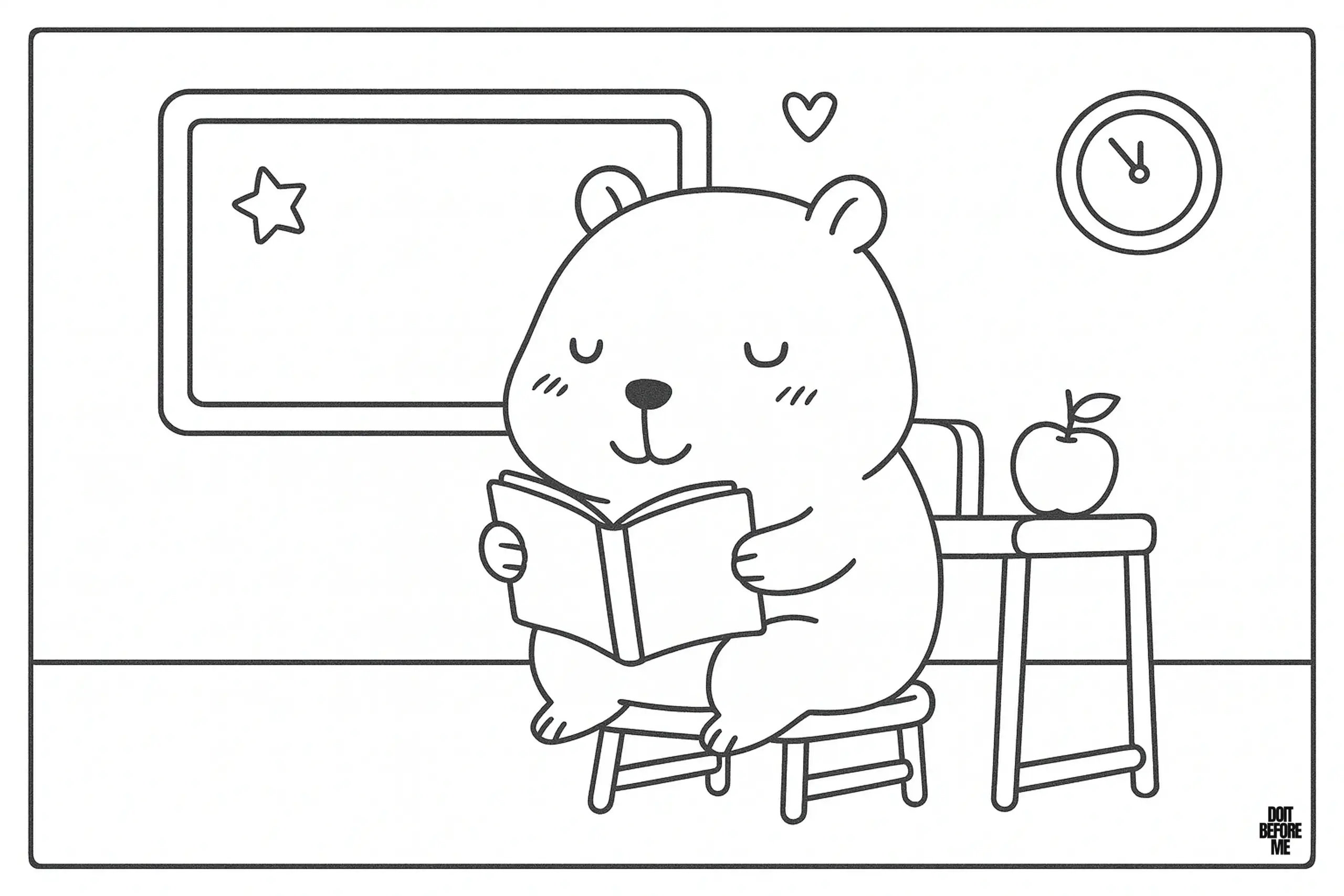 Capybara sitting at a school desk with a book in its paws, an apple on the table, and a clock on the wall in the background.