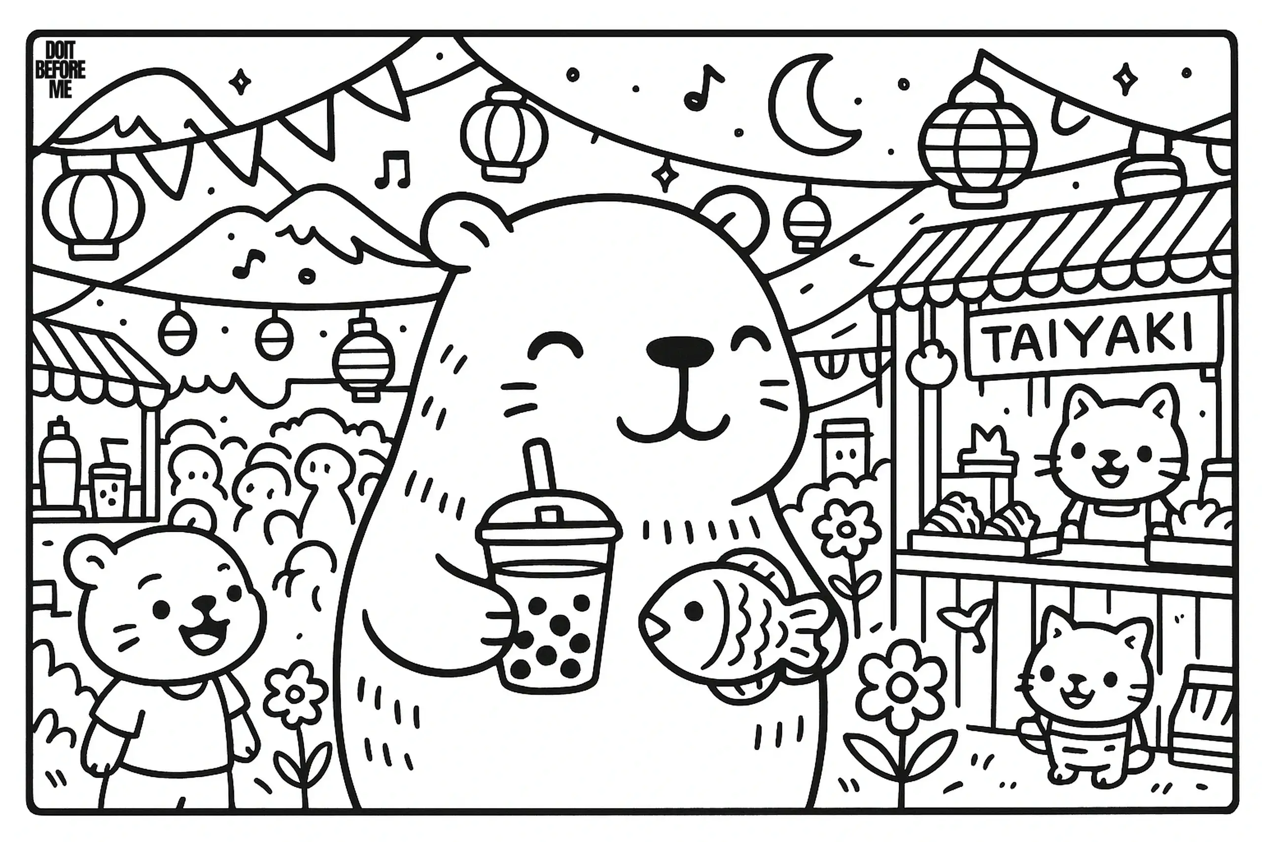 Capybara smiling at a lively lantern festival while holding bubble tea and a fish-shaped taiyaki, surrounded by lights and decorations.