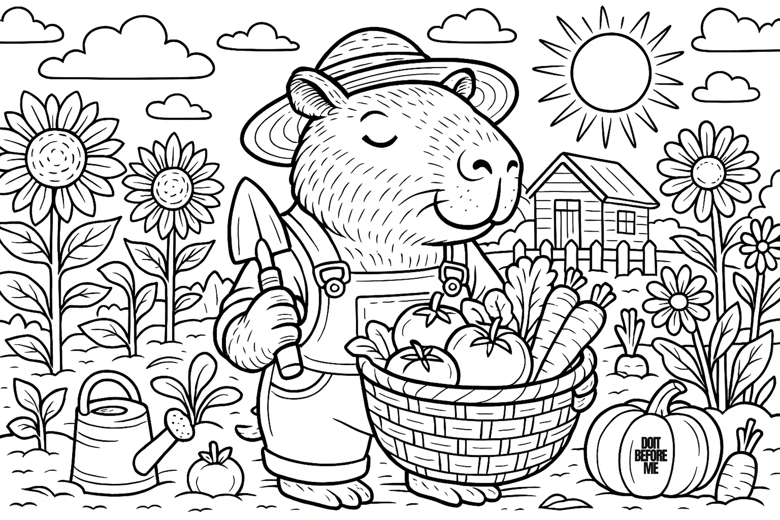 Capybara farmer in overalls holding a large basket of vegetables, standing among tall blooming sunflowers with a watering can nearby.