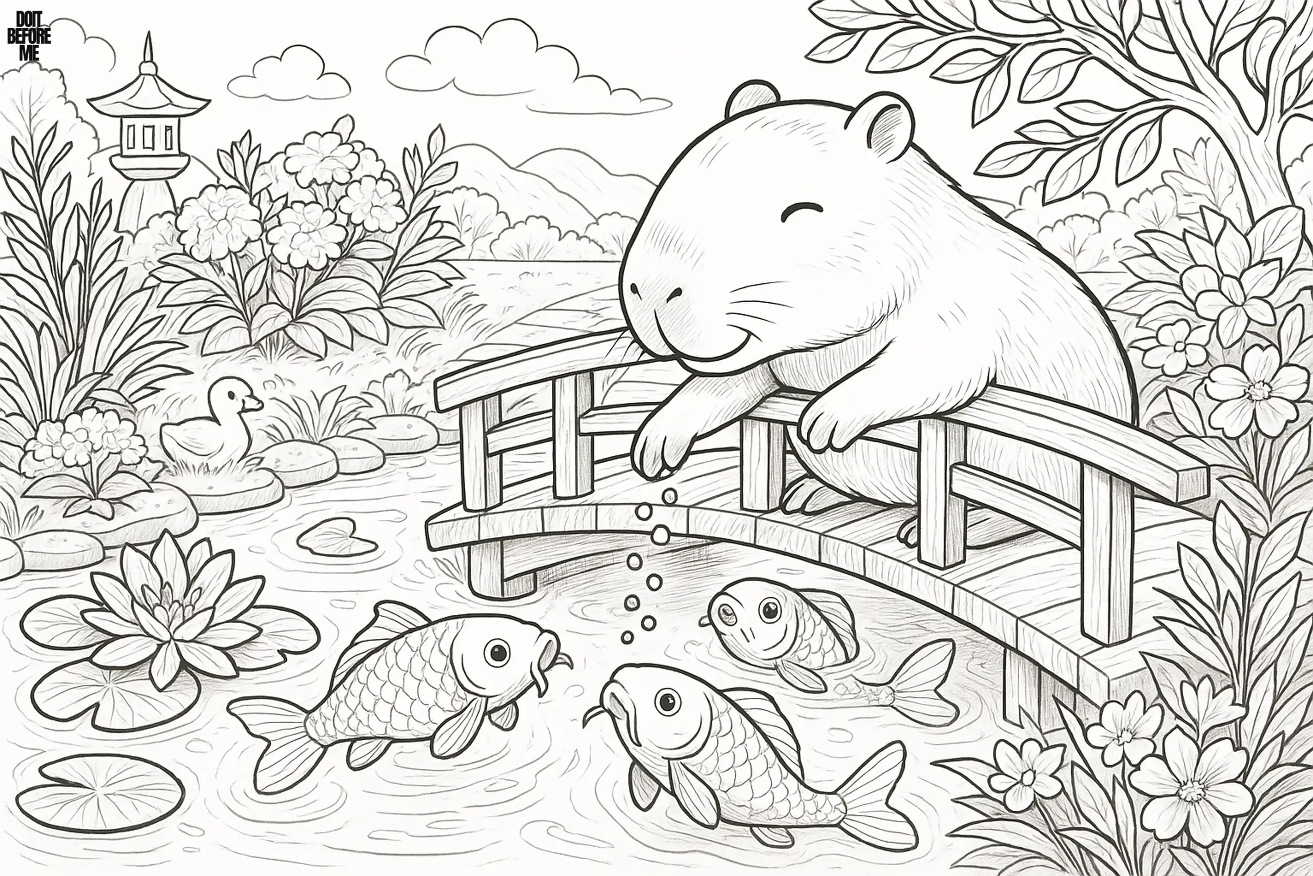Capybara leaning over a wooden bridge to feed koi fish in a pond surrounded by water lilies, flowers, and a garden lantern.