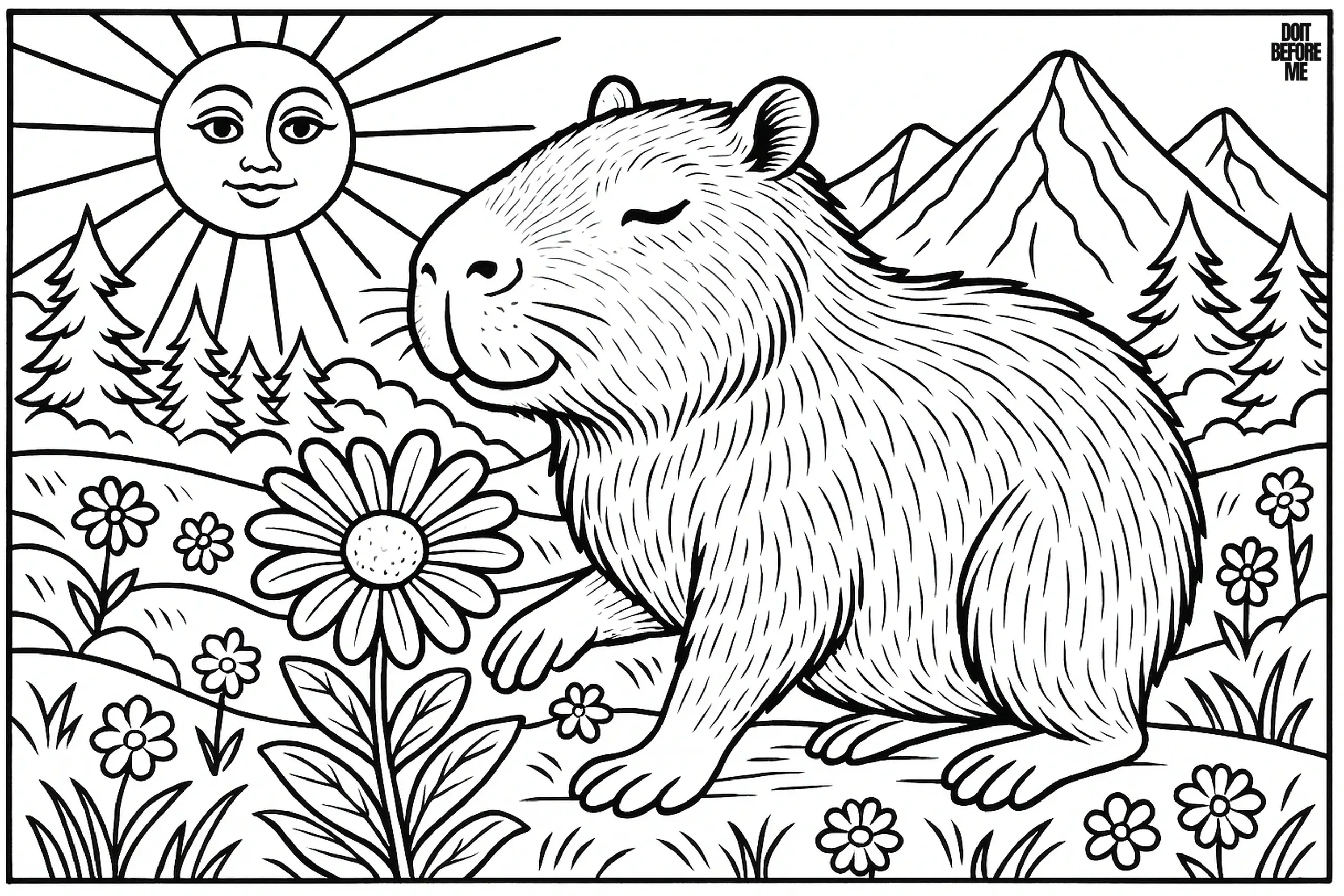 Capybara sitting calmly in a meadow full of flowers, with tall mountains, pine trees, and a bright sun in the distance.