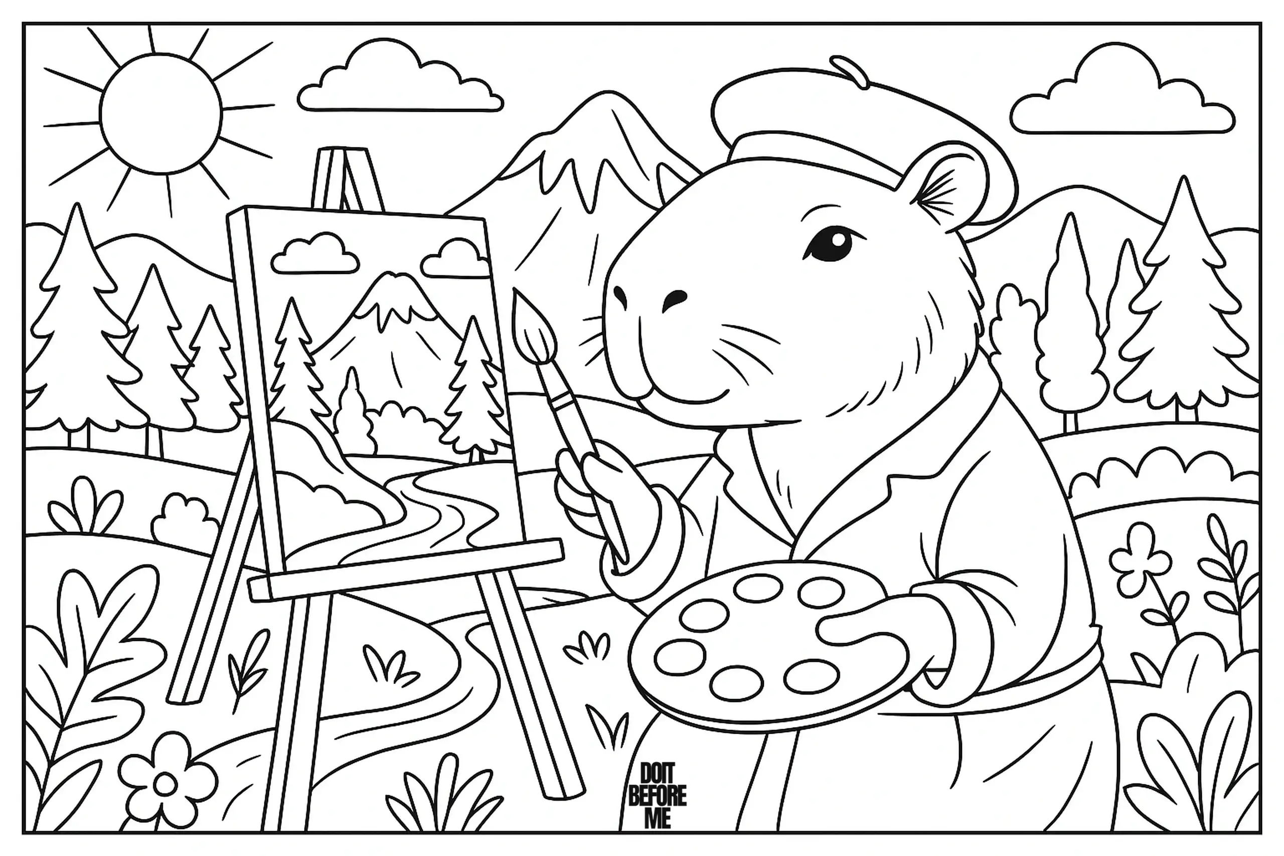 Capybara wearing a beret and holding a paintbrush while painting a mountain landscape on a canvas in a peaceful outdoor setting.