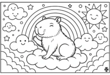 18 Cute Capybara Coloring Pages | Free Printables Capybara sitting peacefully on fluffy clouds under a rainbow, with smiling sun, stars, and cheerful cloud faces around.