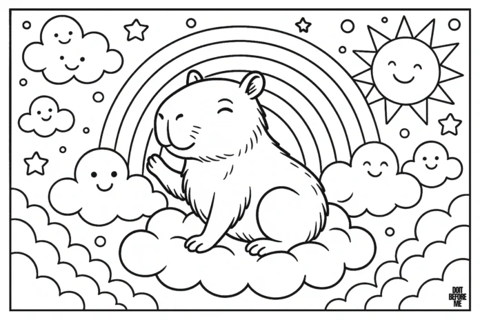 Capybara rainbow clouds Capybara sitting peacefully on fluffy clouds under a rainbow, with smiling sun, stars, and cheerful cloud faces around.