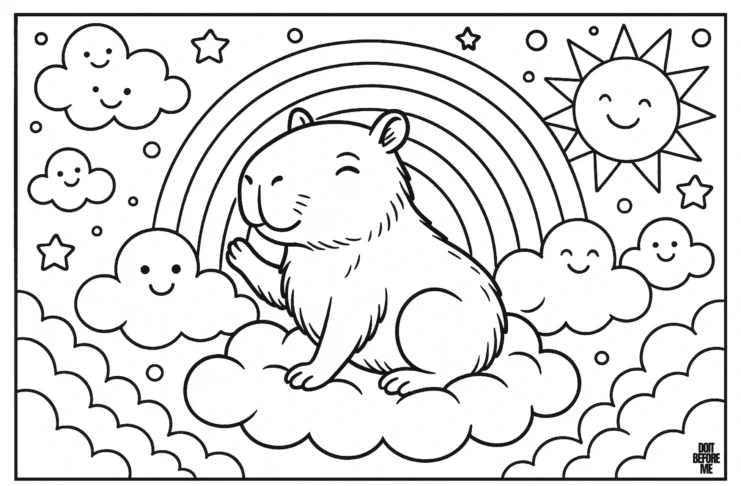 Capybara sitting peacefully on fluffy clouds under a rainbow, with smiling sun, stars, and cheerful cloud faces around.