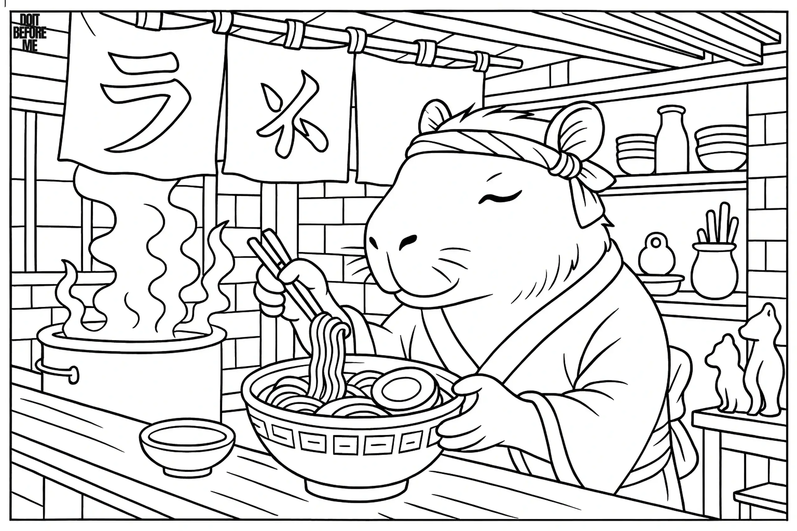 Capybara dressed as a ramen chef wearing a headband and kimono, holding chopsticks and preparing a steaming bowl of noodles inside a traditional Japanese kitchen with shelves of bowls and jars behind.