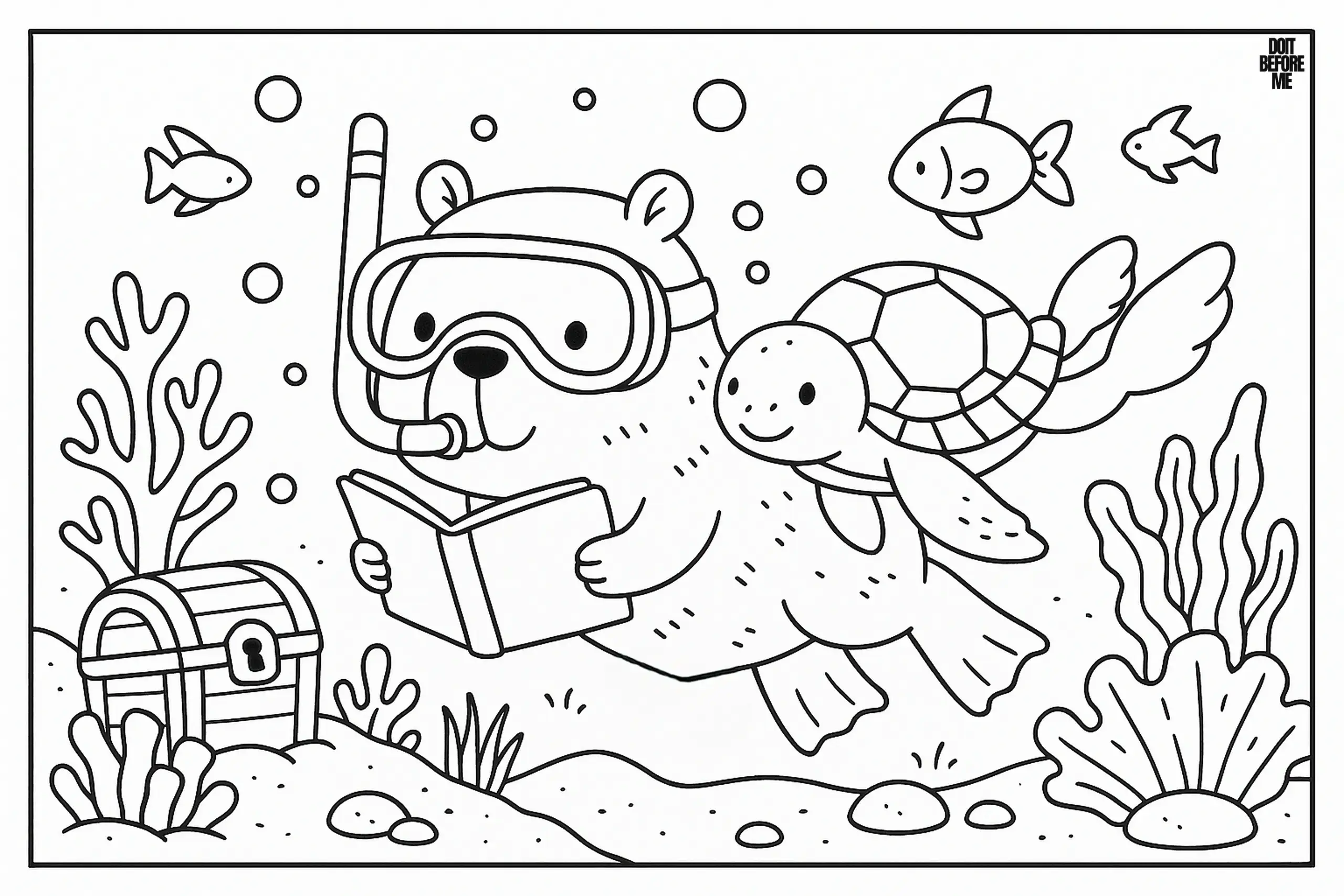Capybara wearing snorkel gear floating underwater while reading a book, surrounded by a turtle, small fish, and sea plants.