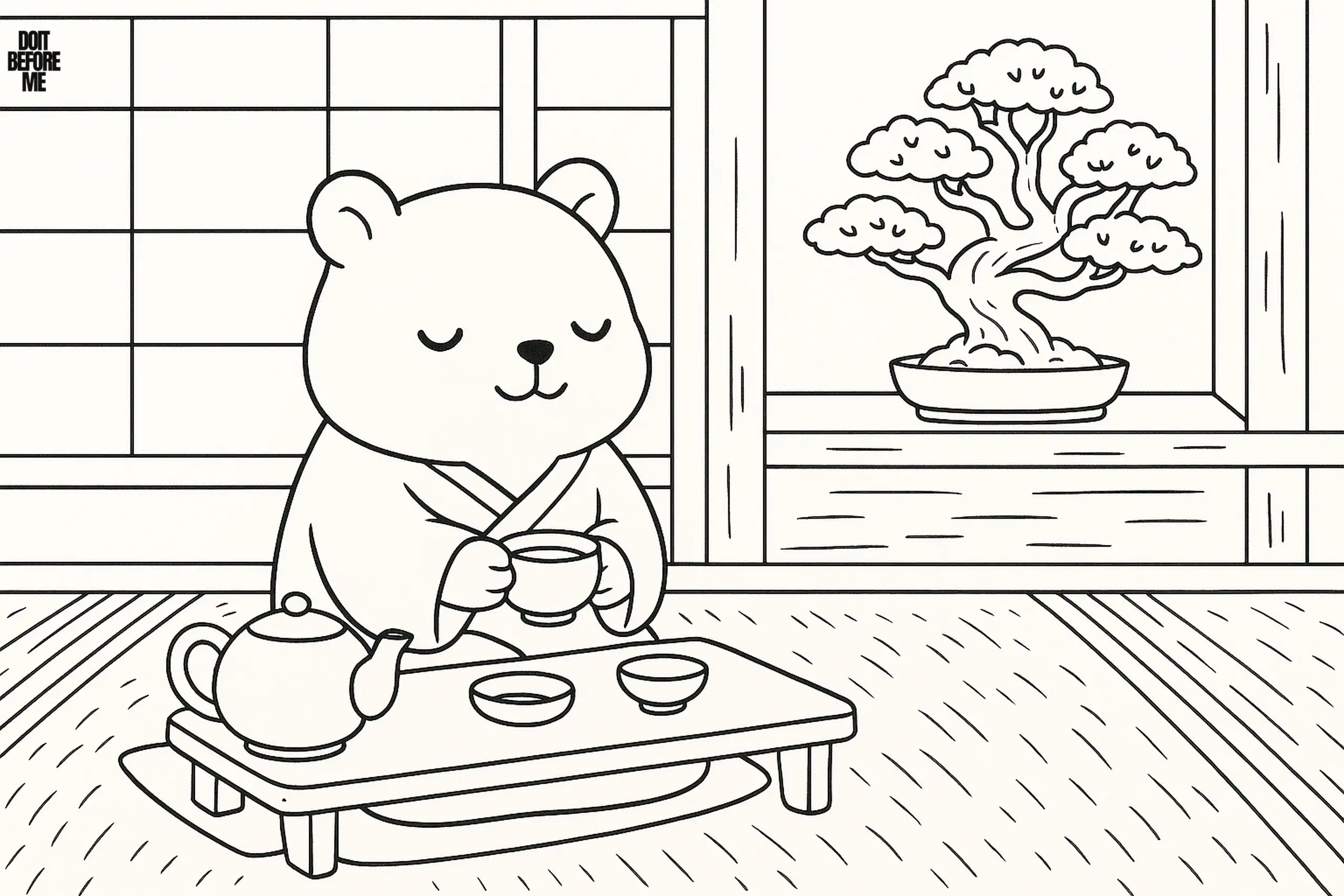 Capybara dressed in a kimono sitting on the floor, holding a teacup during a calm tea ceremony with a bonsai tree in the background.
